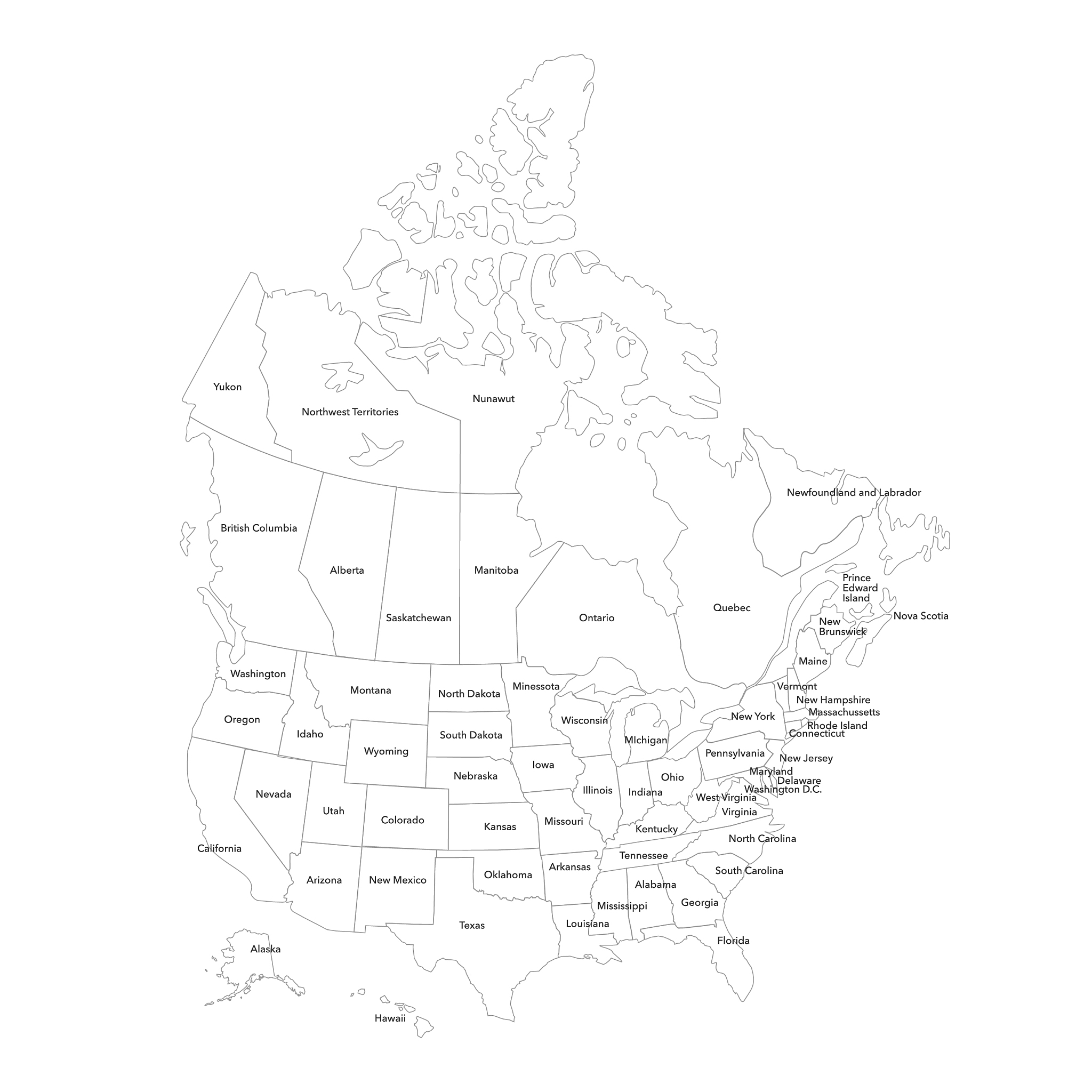 usa and canada outline map
