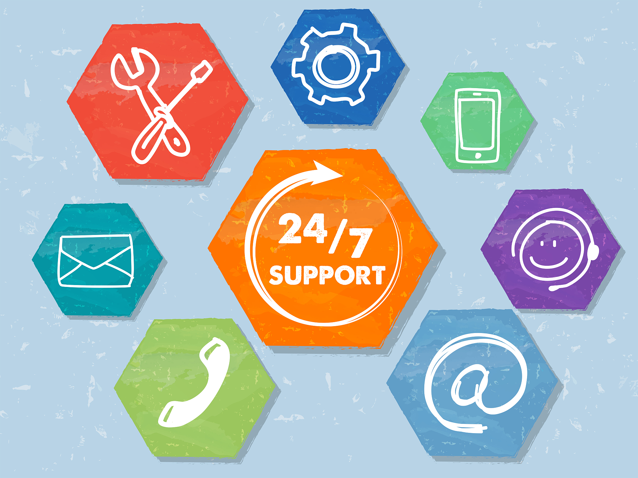 24/7 support with network signs, grunge drawn hexagons labels