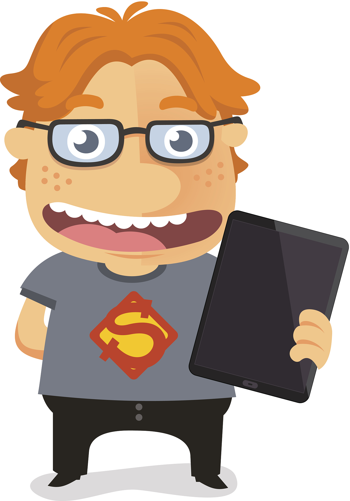 super geek nerd holding a tablet