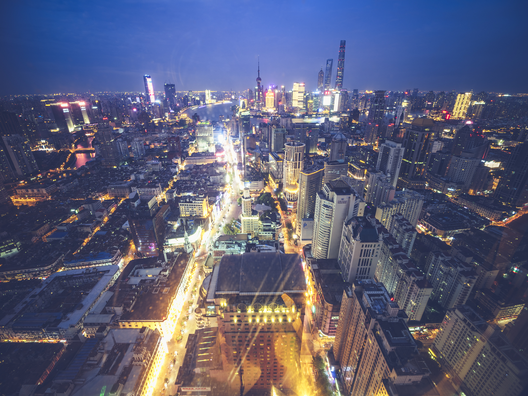 panoramic shanghai night skyline,aerial shot