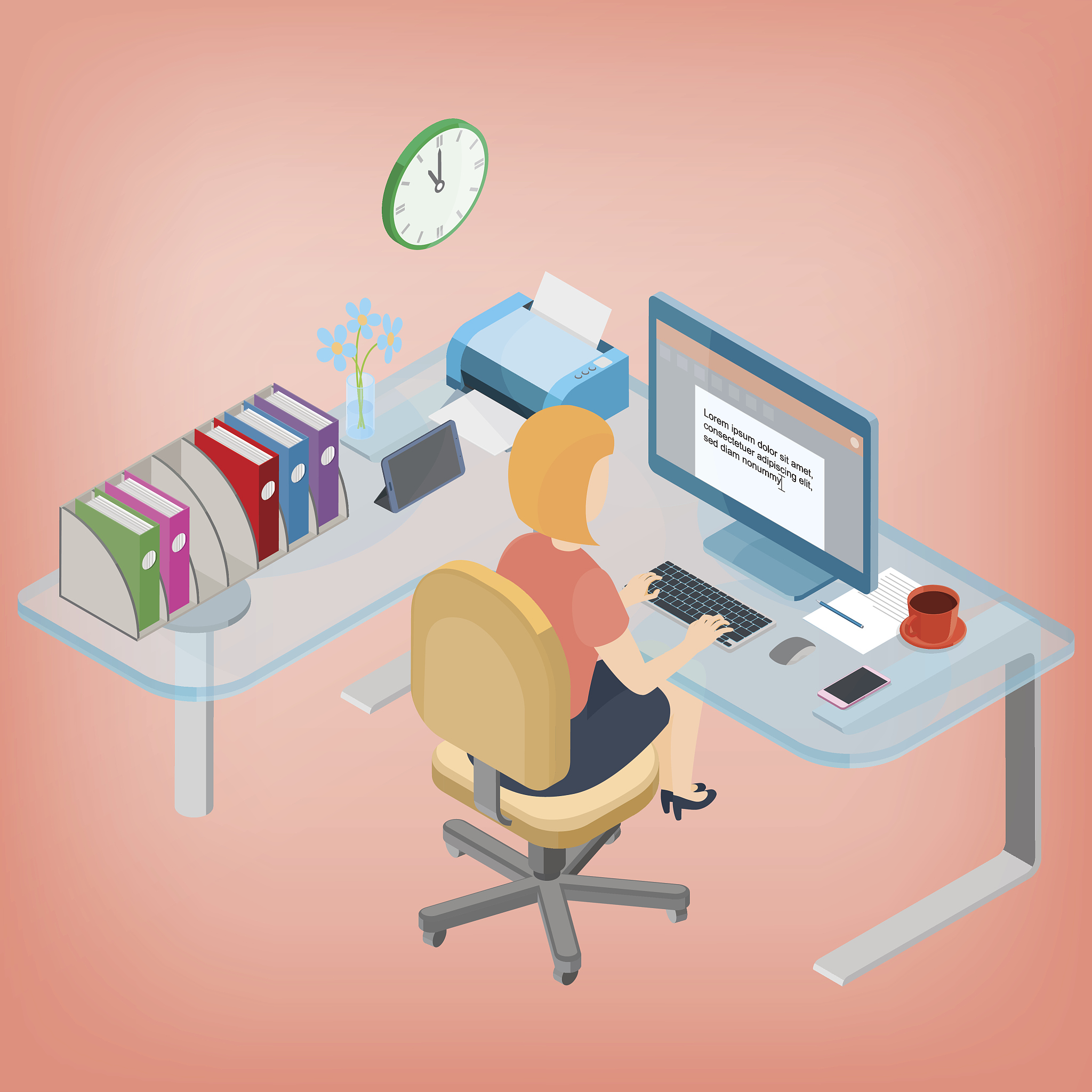 secretary, assistant manager, woman working at the computer.