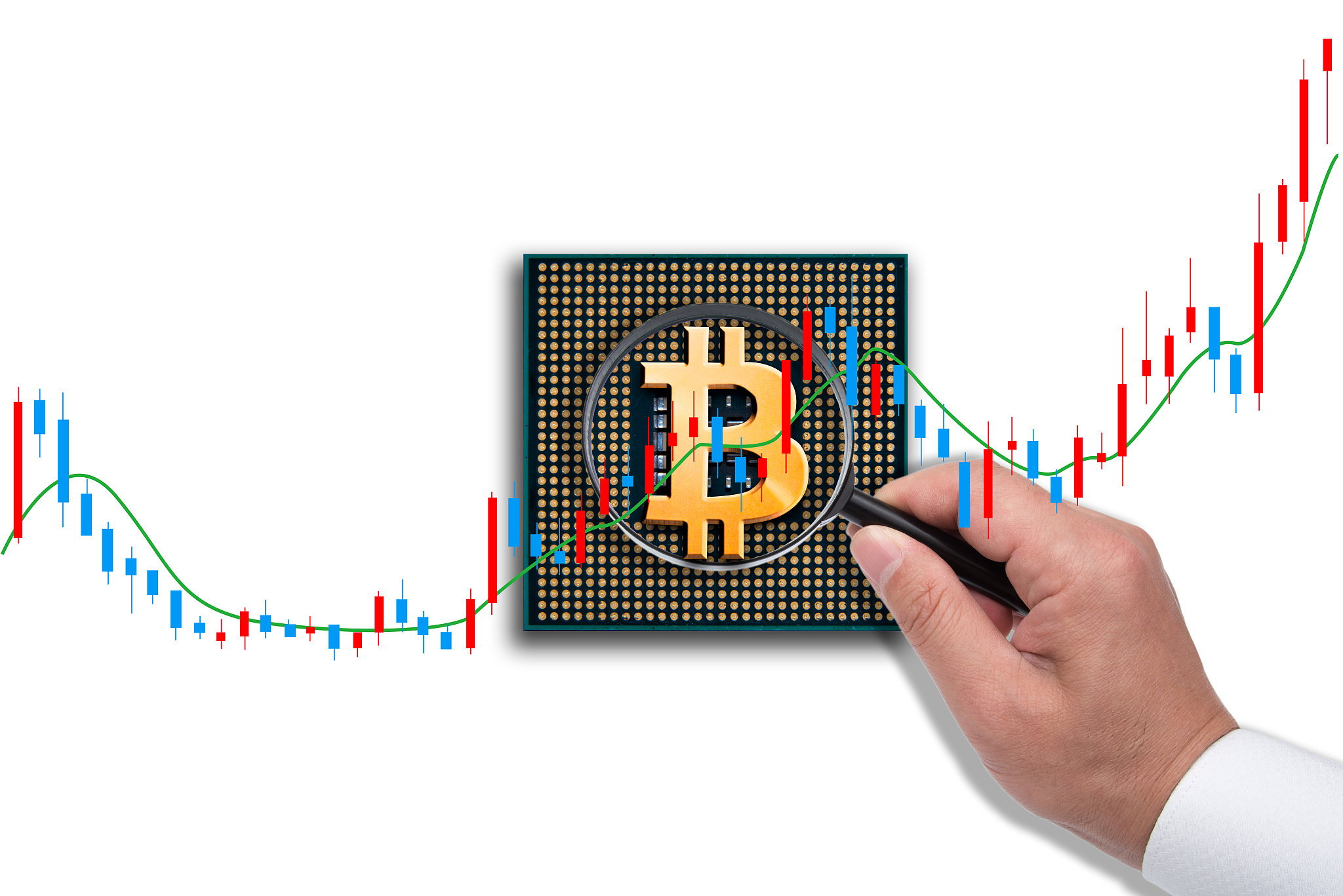 bitcoins with candle stick graph chart and hand with magnifier.