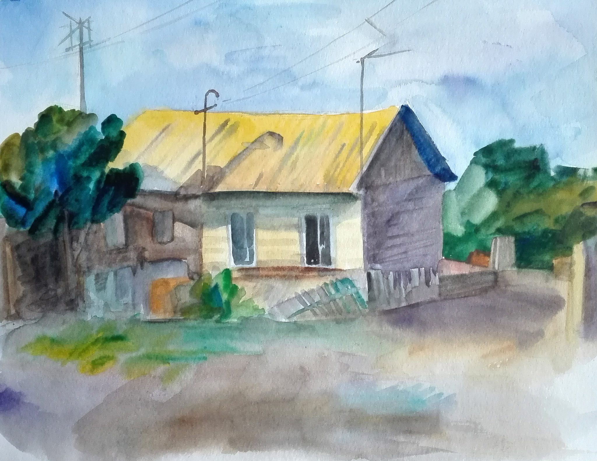 翻译：作品中的远景和近景都很多在由实到虚再由近及远中房屋的刻画是一个难点它们形态各异且颜色变化较多要将其统一在一定色调之中。由于肌理的随机性画面中一些房屋的屋顶和墙体的渐变色产生了微妙的变化笔者因此在之前构图的基础之上临时增加一些船只并改变窗户与门的不对称这样既丰富了画面的内容、渲染了氛围也解决了远近房屋的刻画问题从而使得整幅画面张弛有力、收放自如。