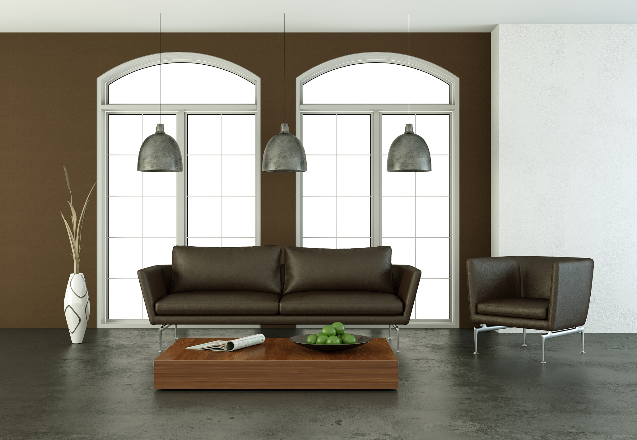 interior design modern bright room with brown sofa
