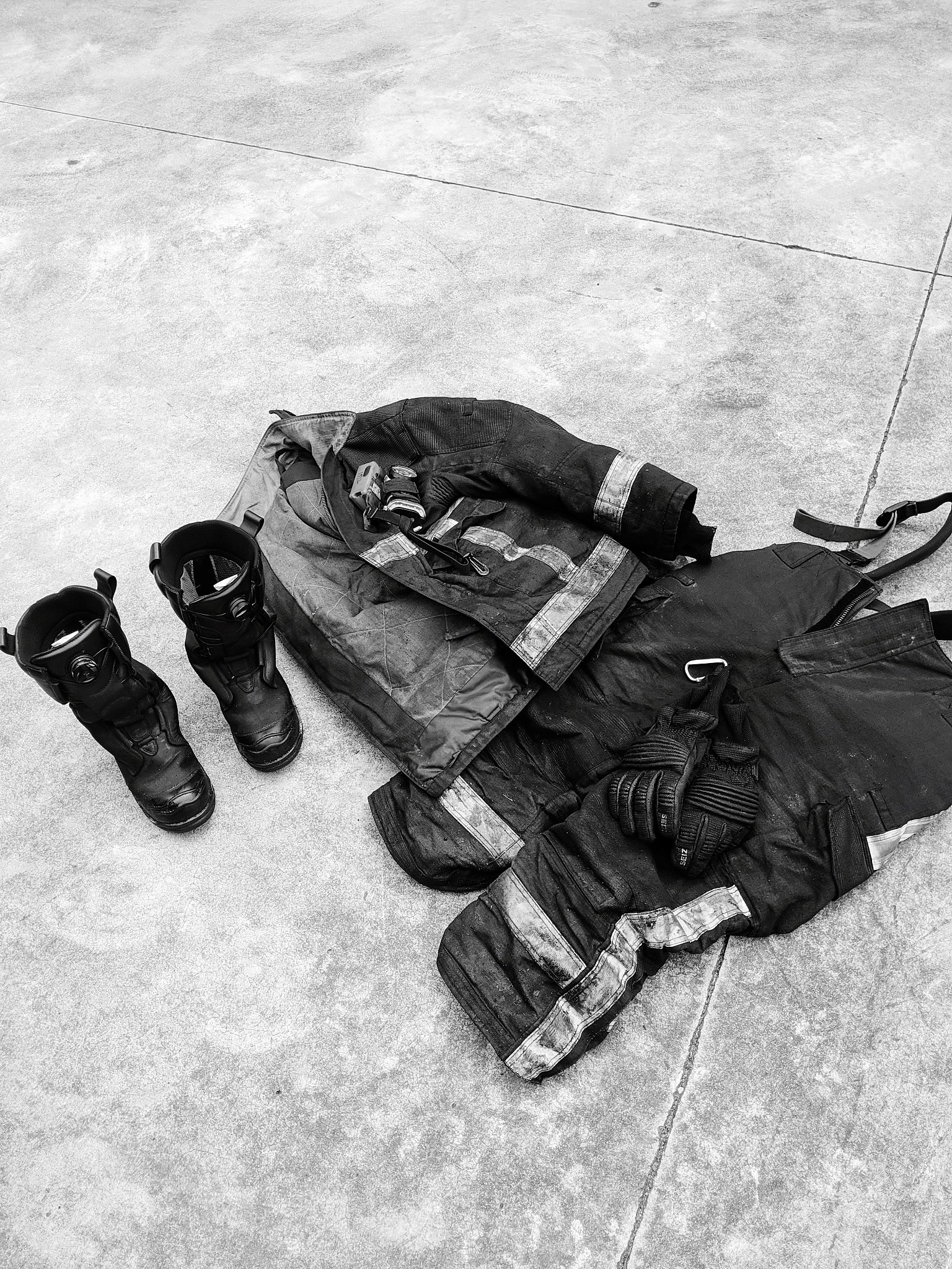 high angle view of fire protection suit on floor