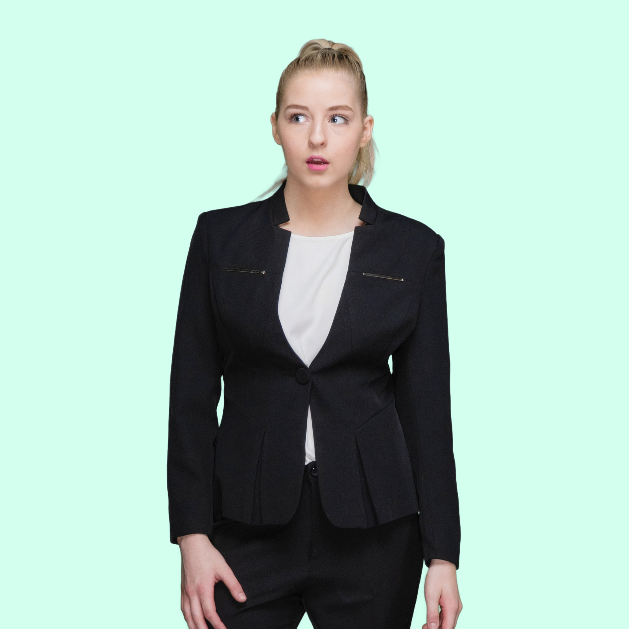 caucasian young women business person standing in front of color