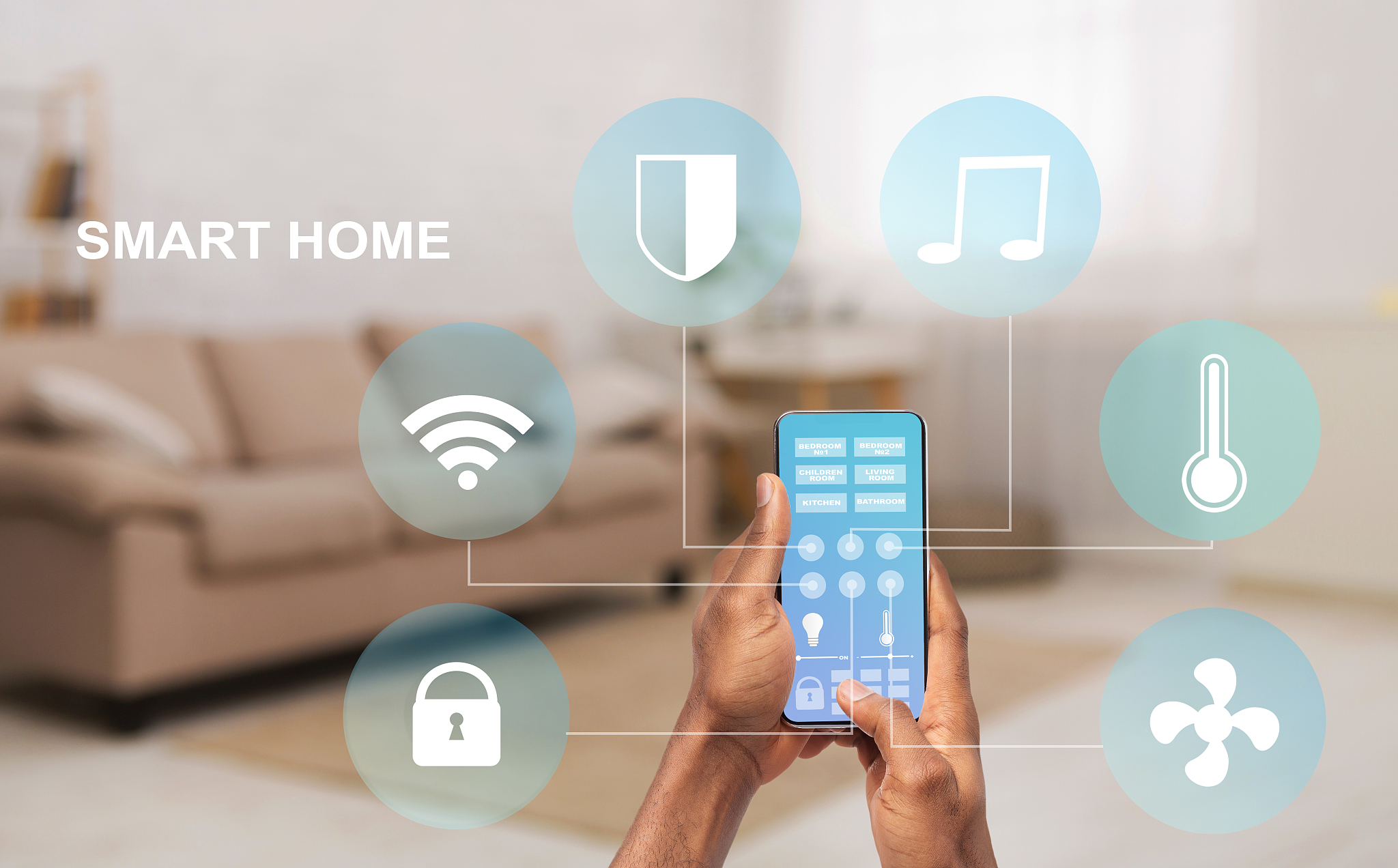 african american guy using remote smart home control system on m