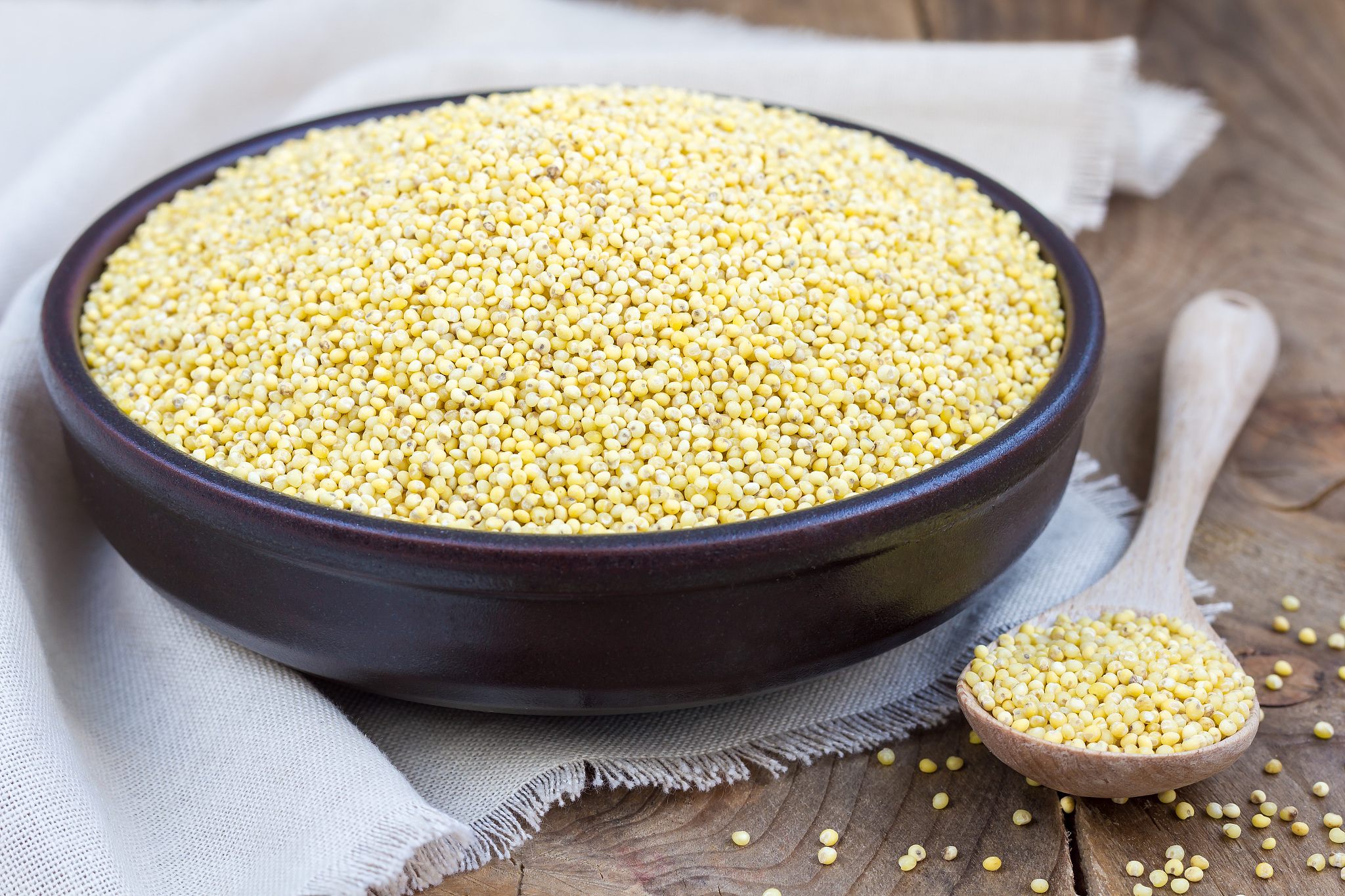organic millet groats in ceramic bowl, concept for healthy eatin