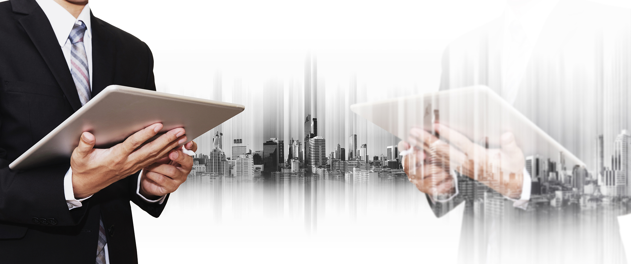 double exposure businessman using smartphone and digital tablet 