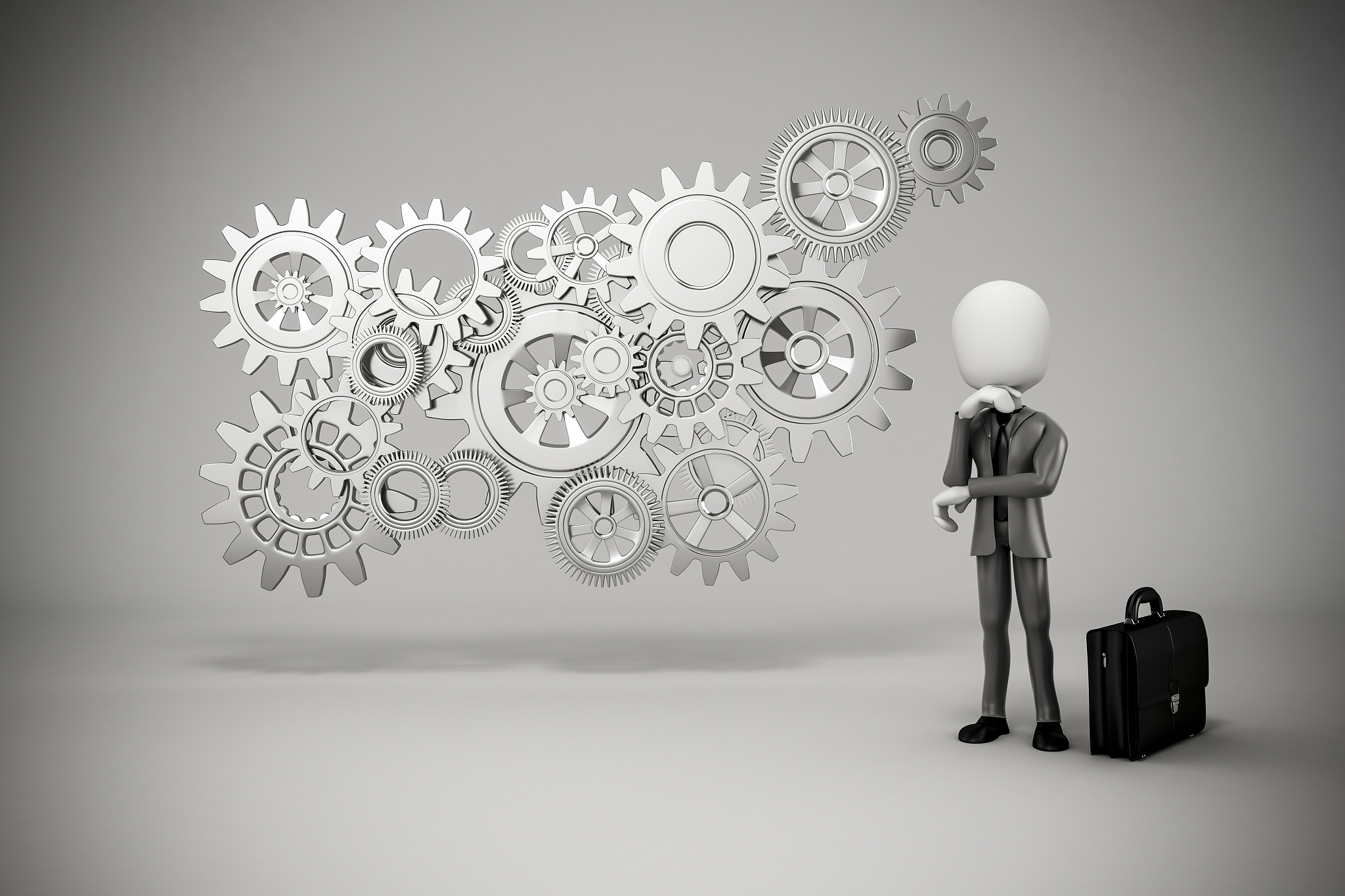 3d man and gear wheels on white background