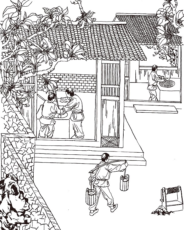 怎么用AI画素描画一个古代人做包子的场景