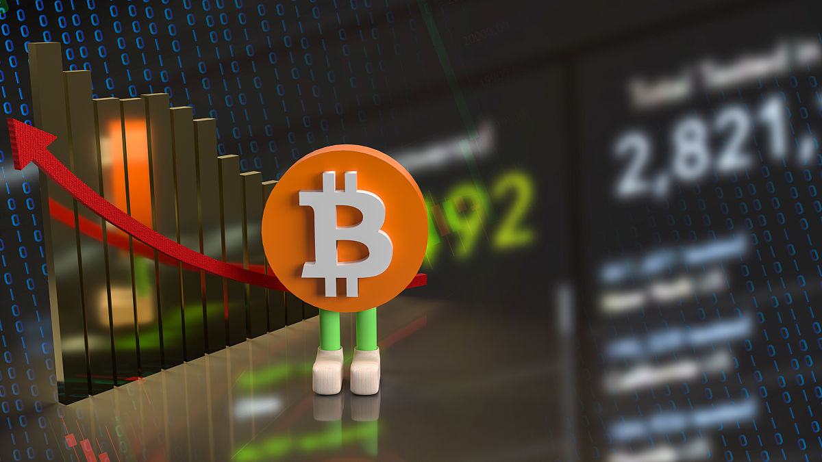 用于商业或技术概念3d渲染的比特币符号字符和图表箭头