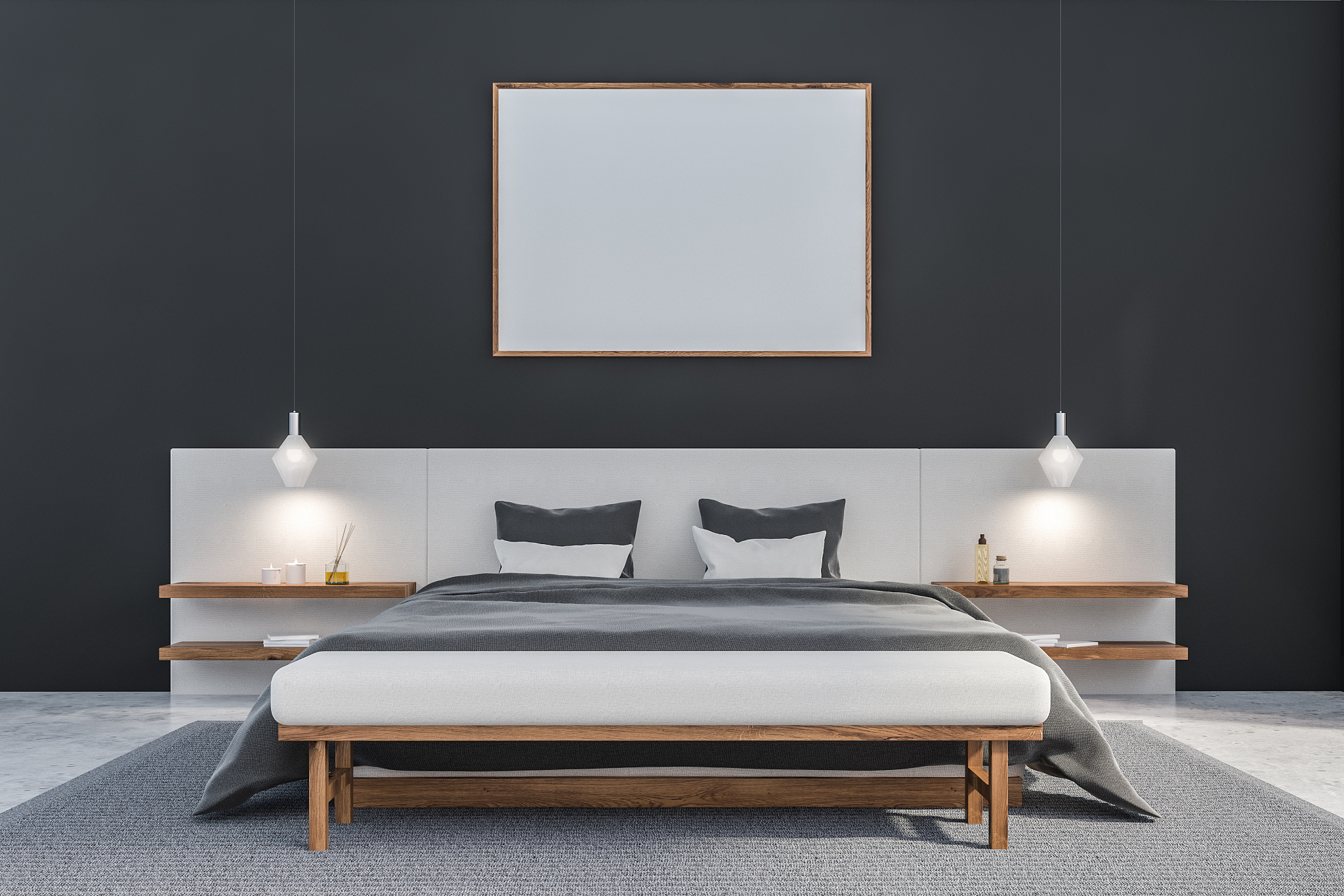 gray and white bedroom with horizontal poster