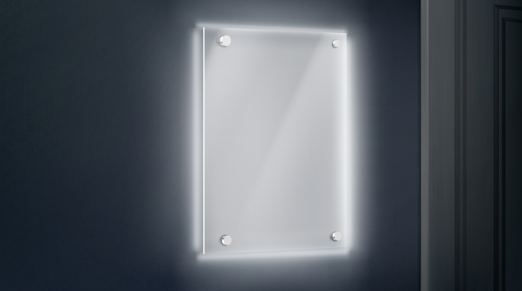 empty glass name plate bolted to wall near doorway