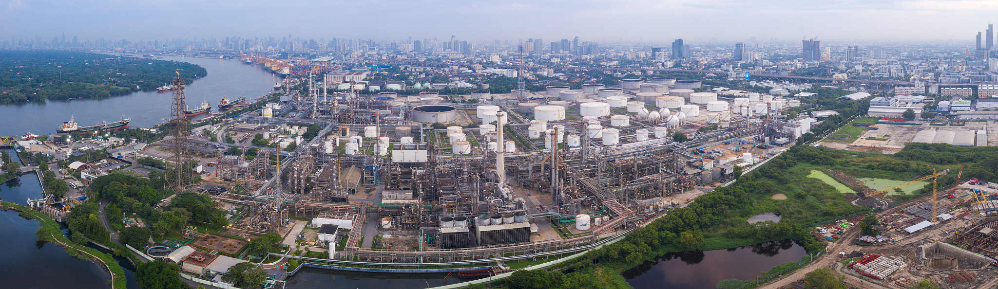 aerial top scene of refinery oil station in day, bang jak, bangk