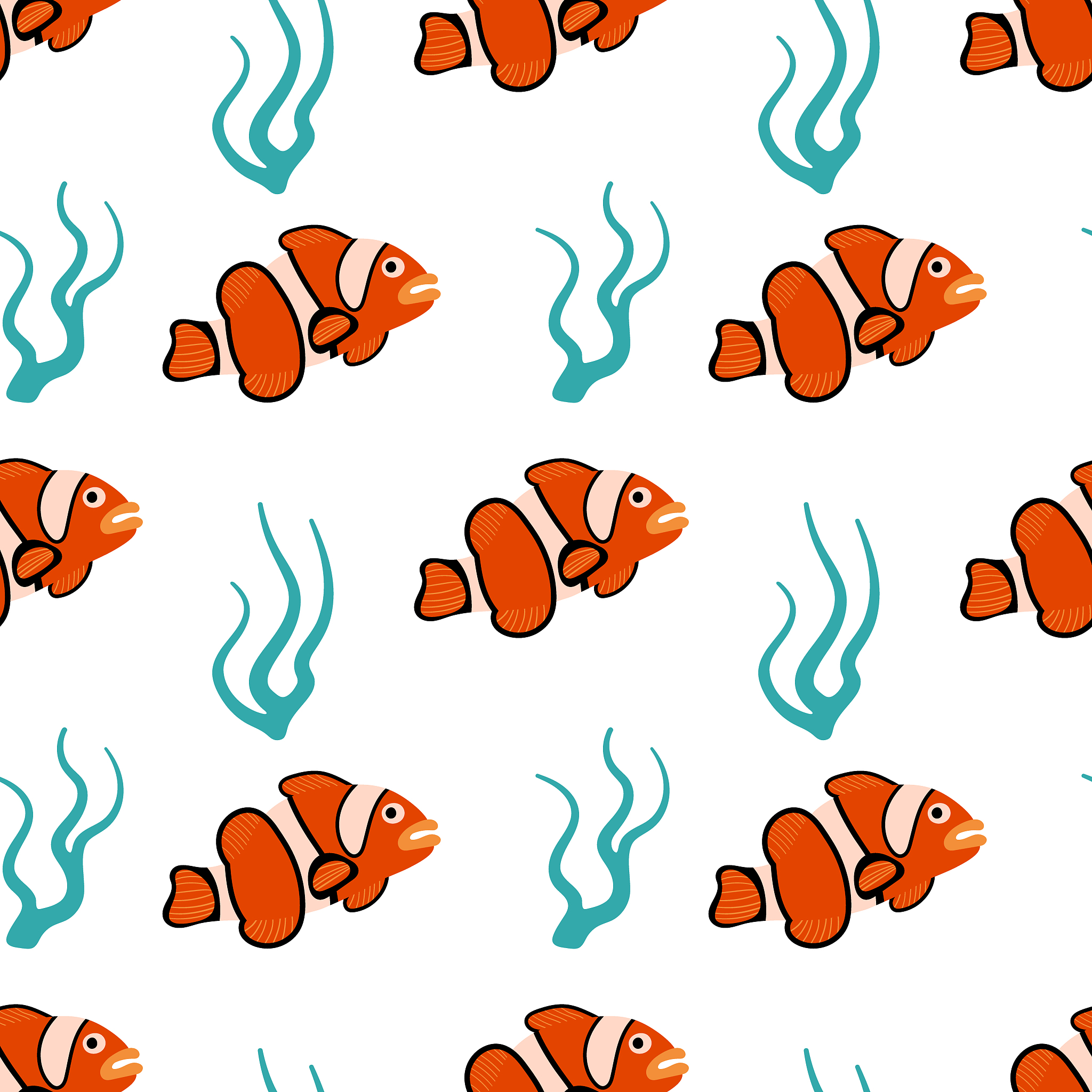 clownfish with seaweed seamless pattern