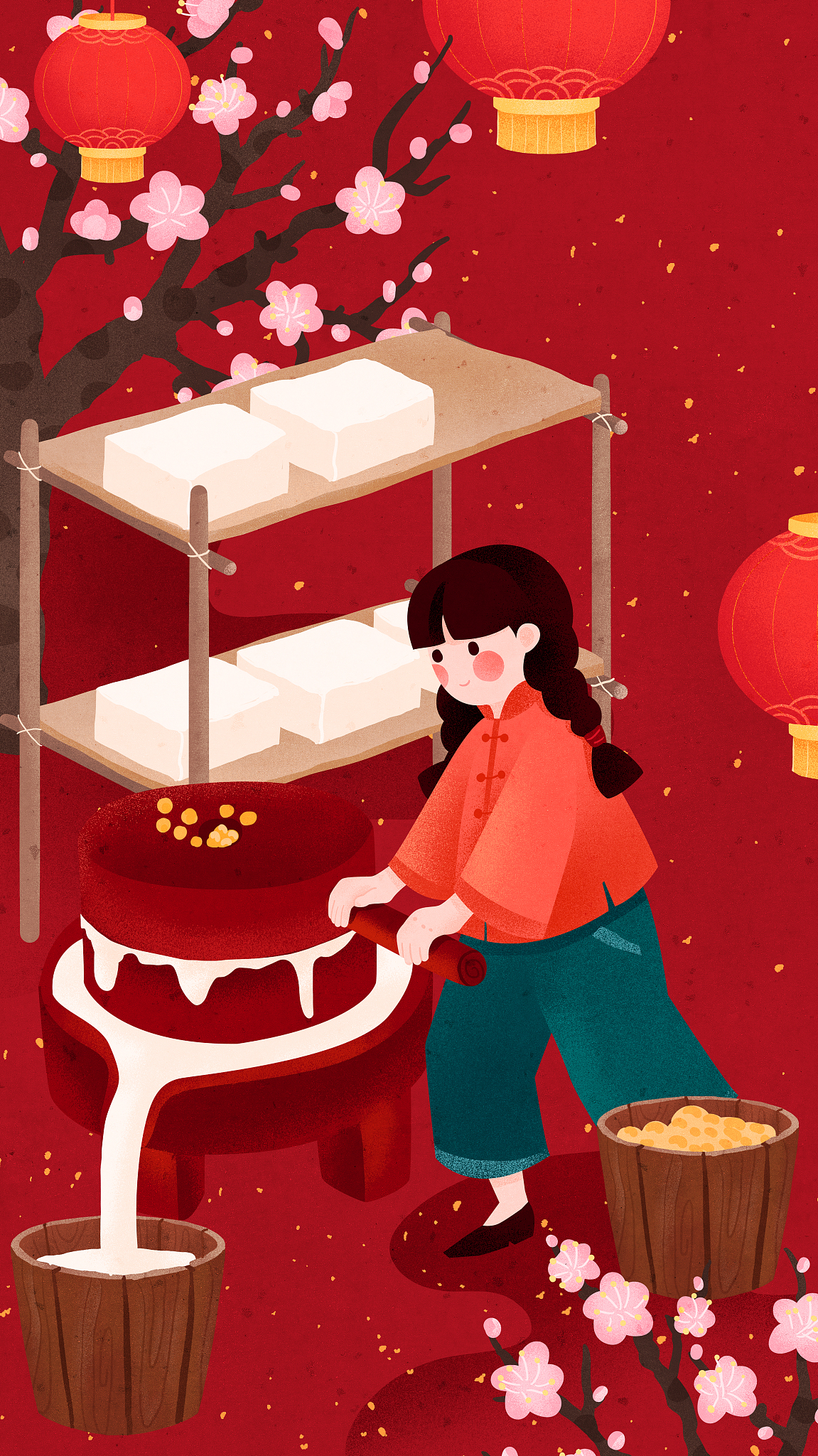 传统,年<strong>俗</strong>,女孩,腊月二十五,插画,桶,灯笼,家庭,春节,一个人