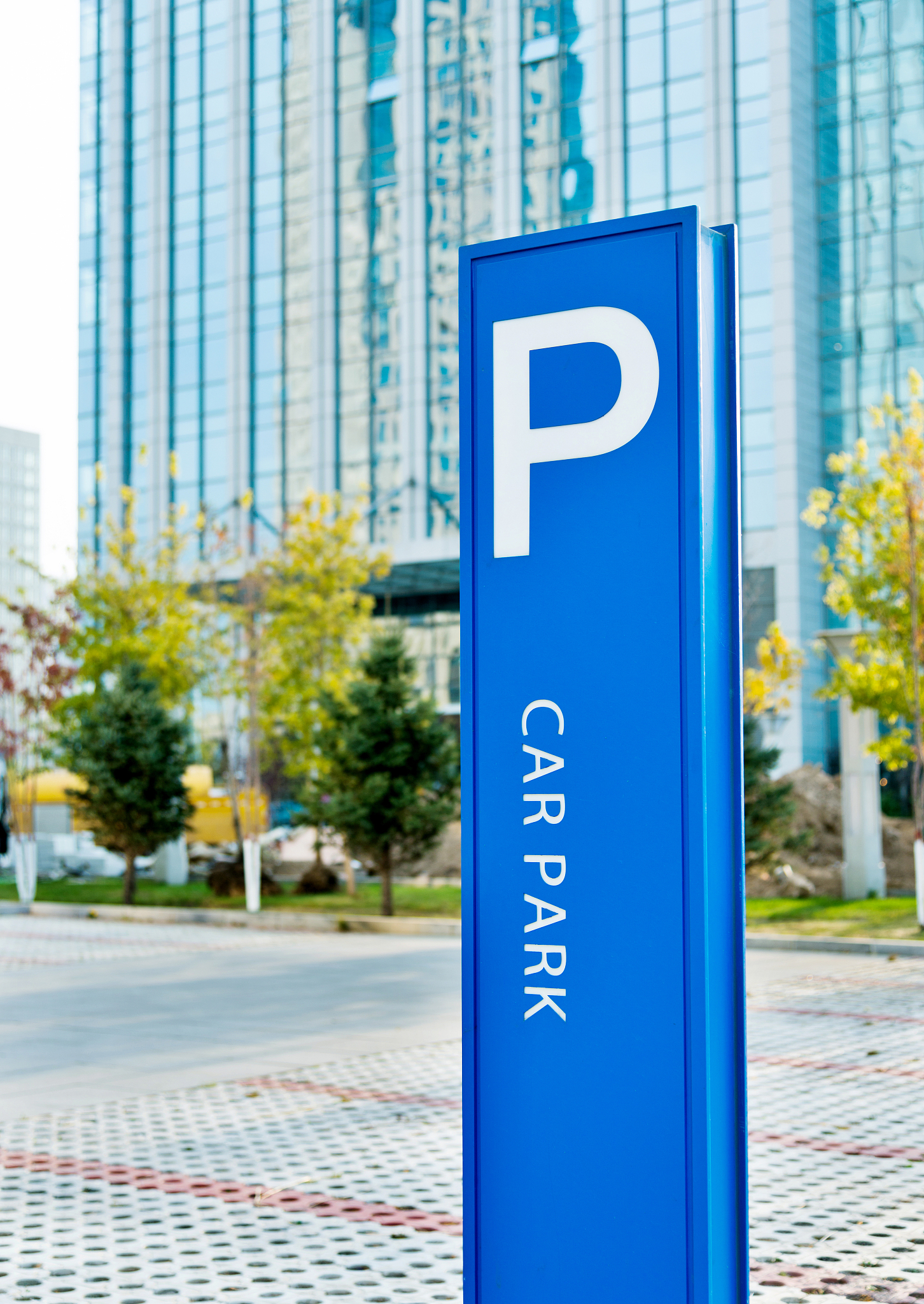 a blue parking sign beside the road