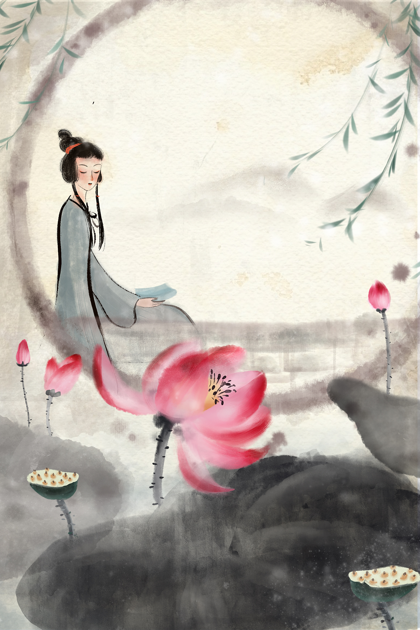 一幅关于娇小玲珑睡莲女孩-中华优秀传统文化的绘画作品创意