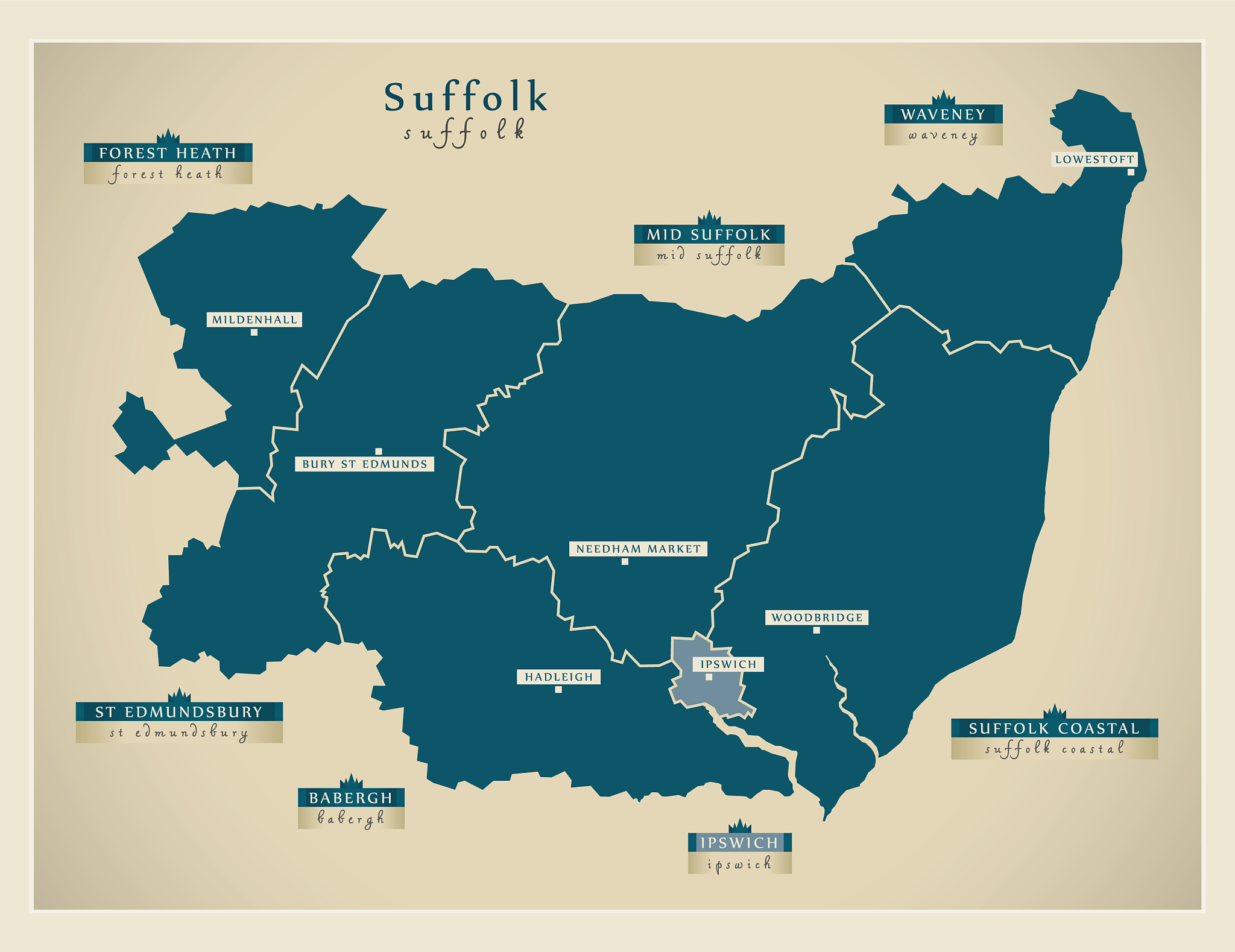 modern map - suffolk county with district labels