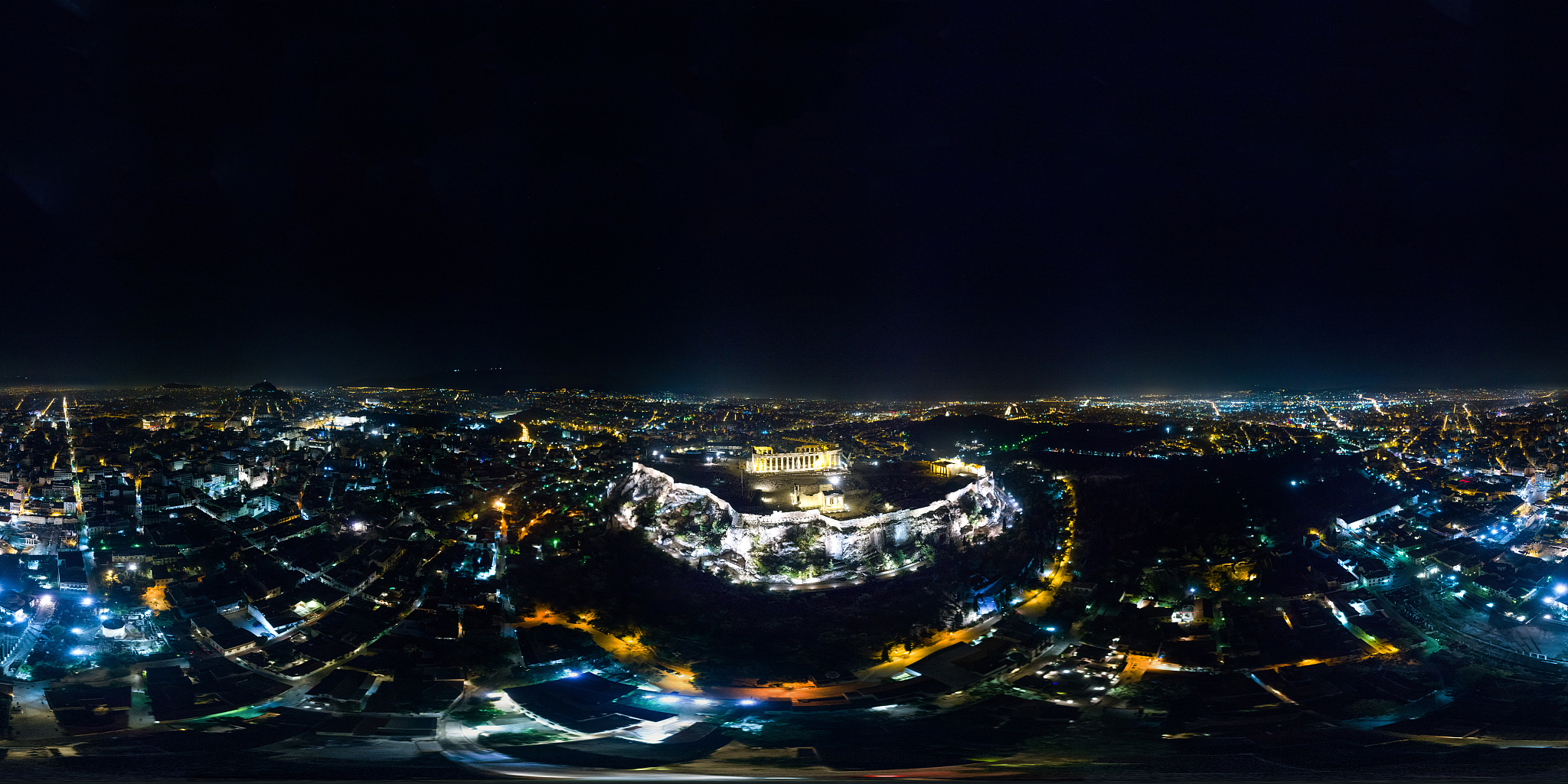 acropolis of athens night shot by drone