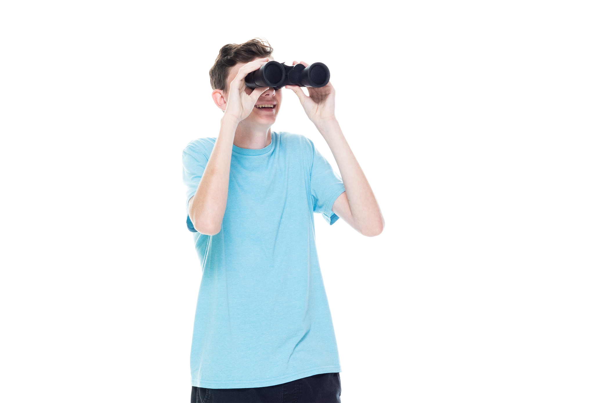 caucasian teenage boys and holding binoculars