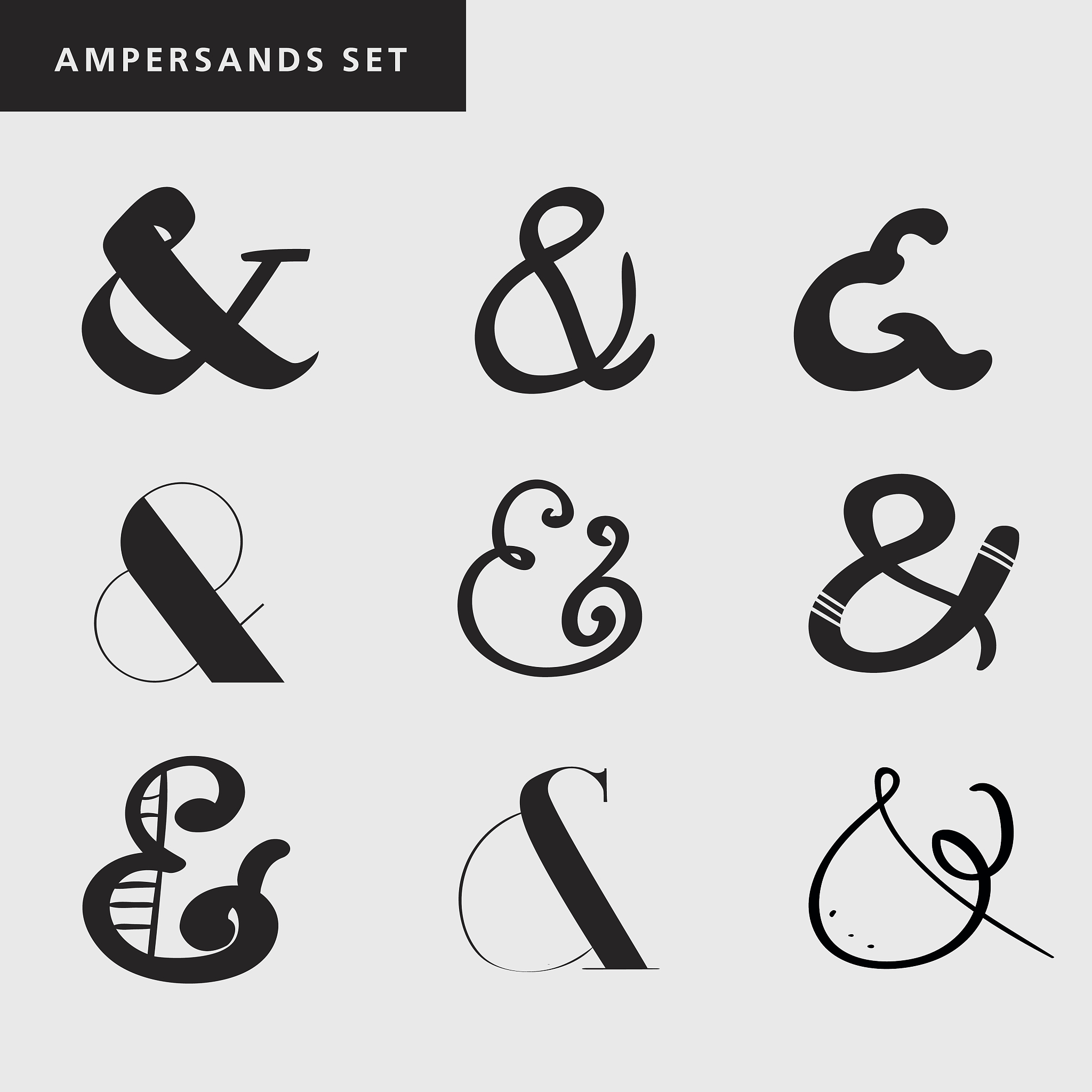 set of decoration ampersands for letters, invitation. hand drawn