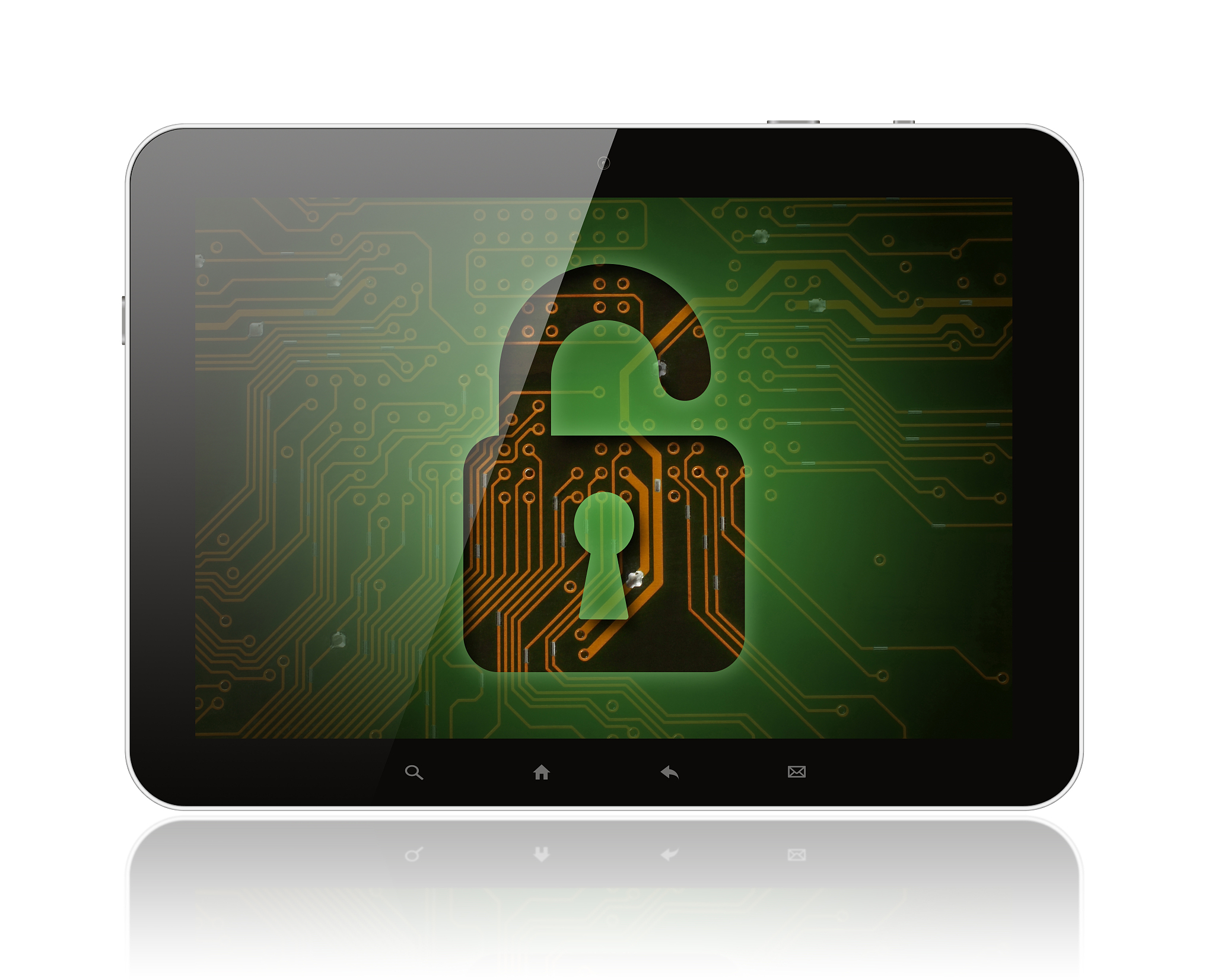 tablet pc with circuit background and lock