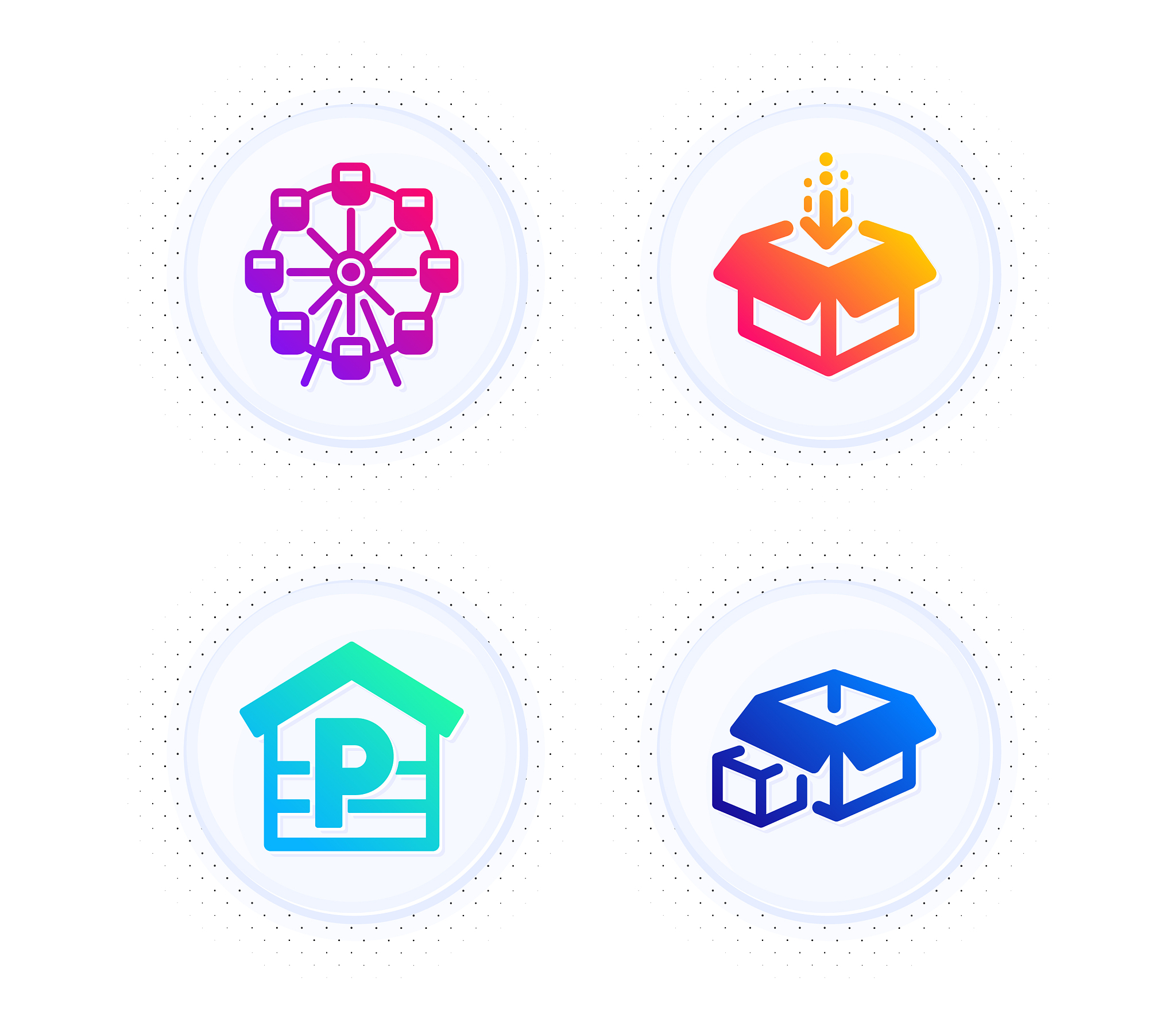 get box parking and ferris wheel icons set