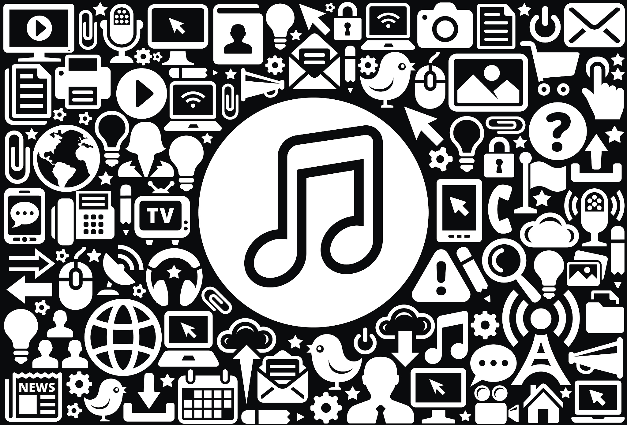 music  icon black and white internet technology background