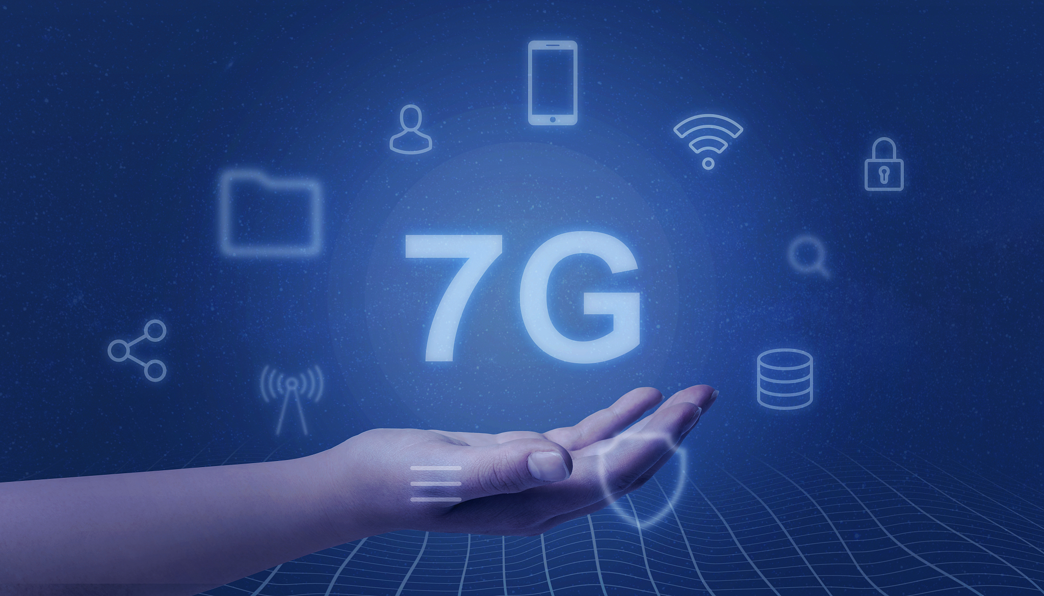 seven generation of mobile network concept. hand showing 7g surr