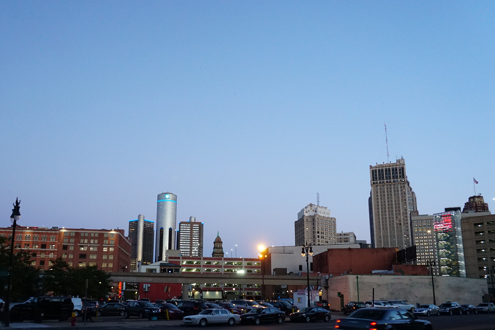 downtown city street at dusk