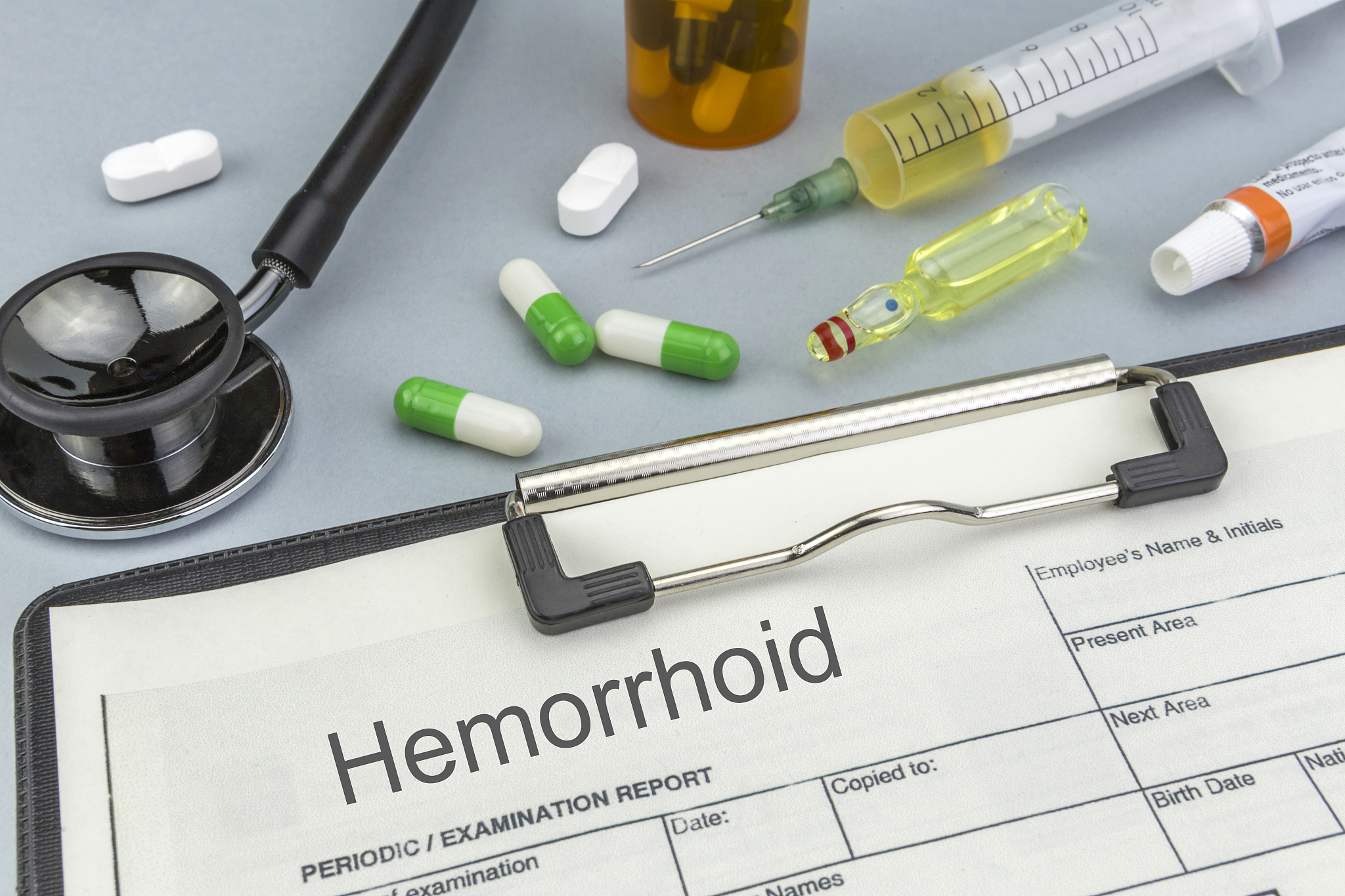 hemorrhoid, medicines and syringes as concept of ordinary treatm