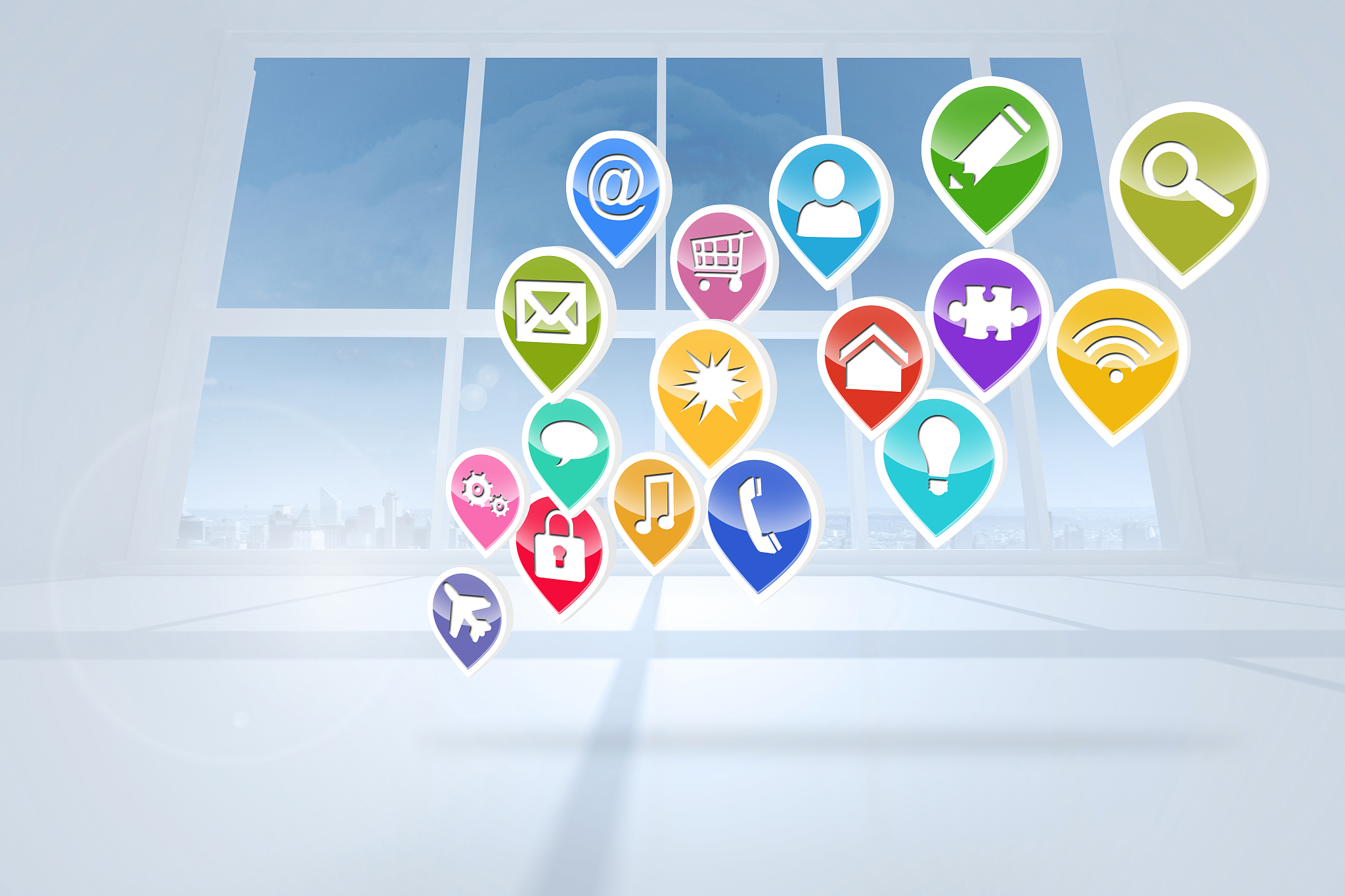 computing application icons in white room