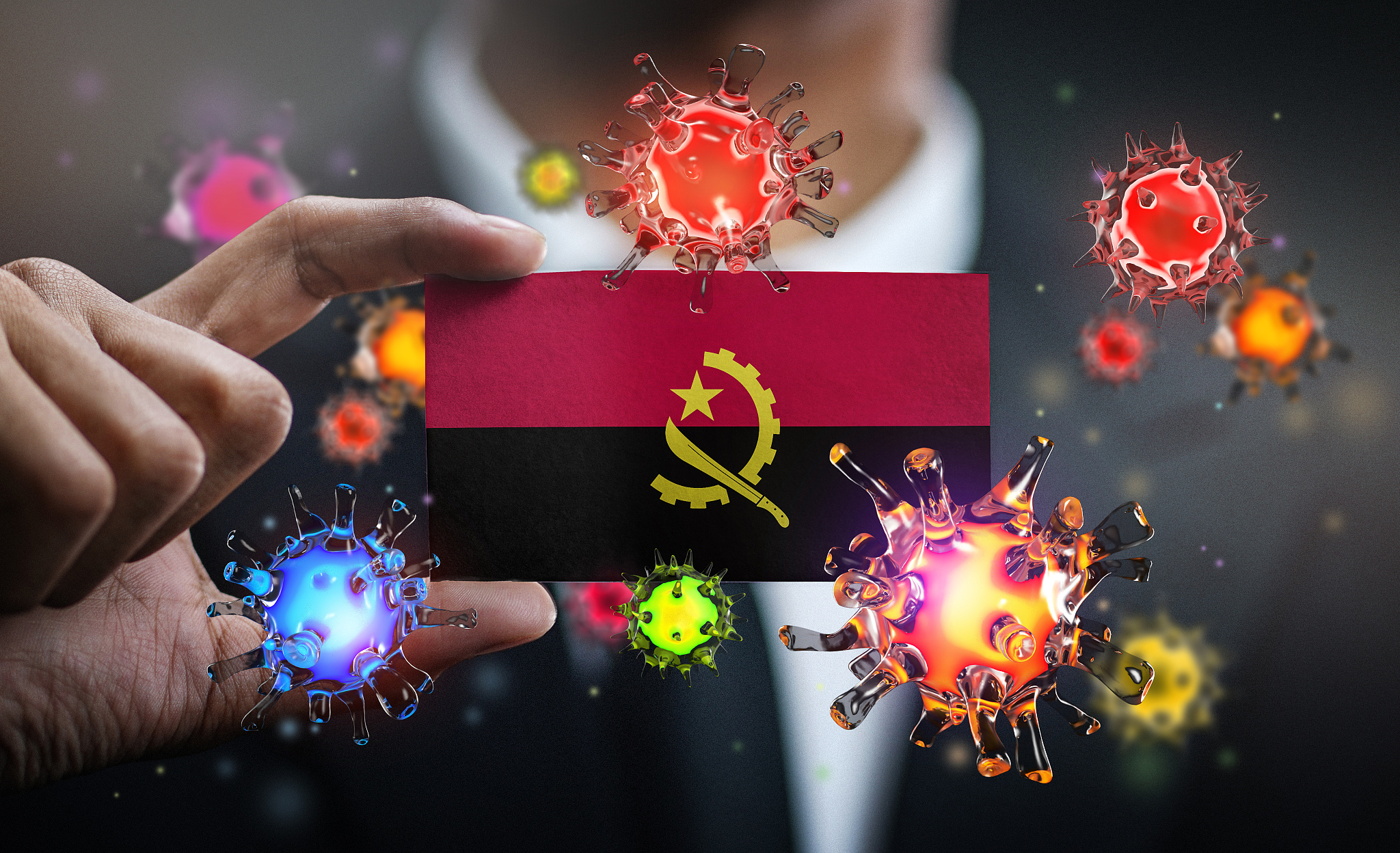 corona virus around angola flag. concept pandemic outbreak in co