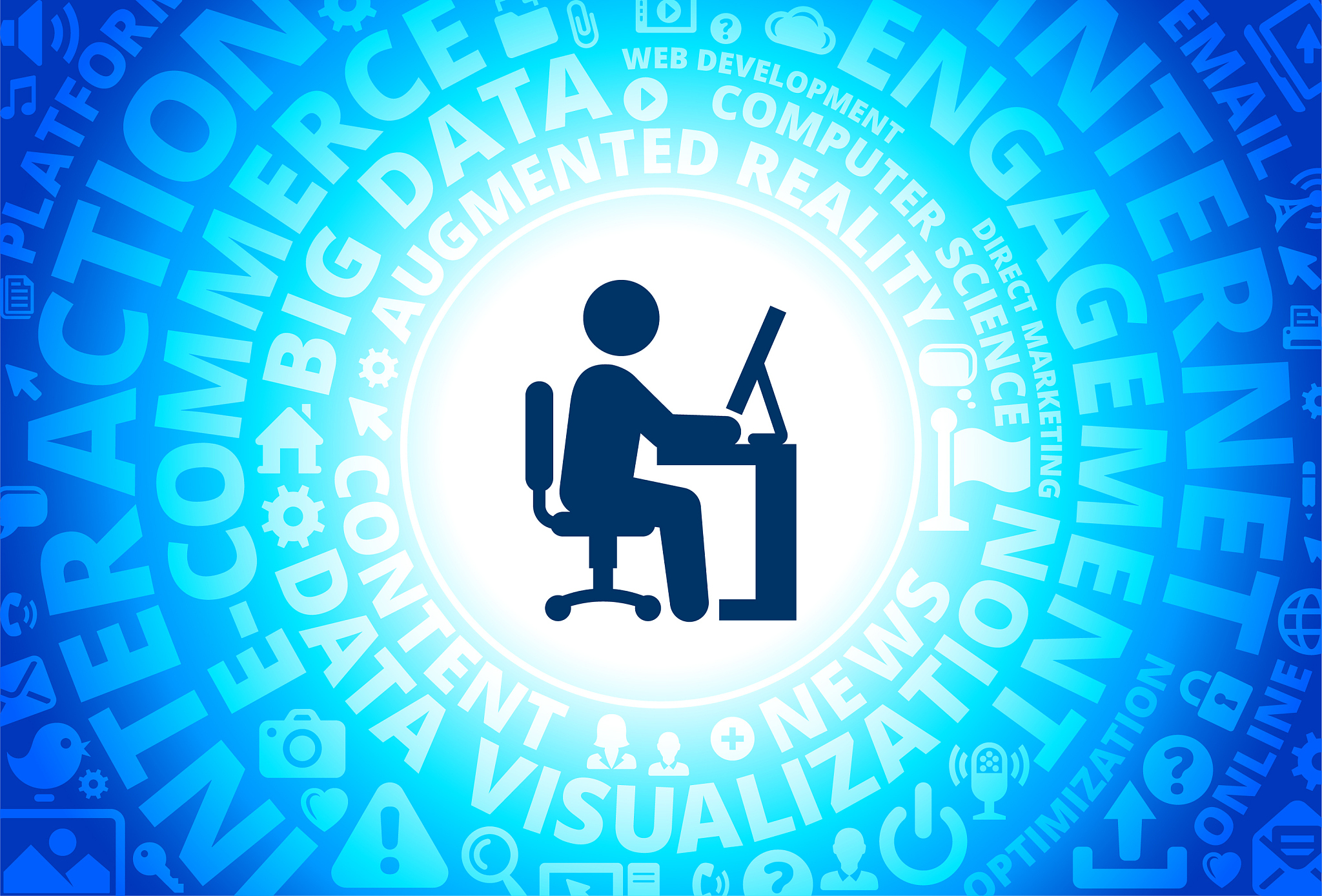 businessman working icon on internet modern technology words bac
