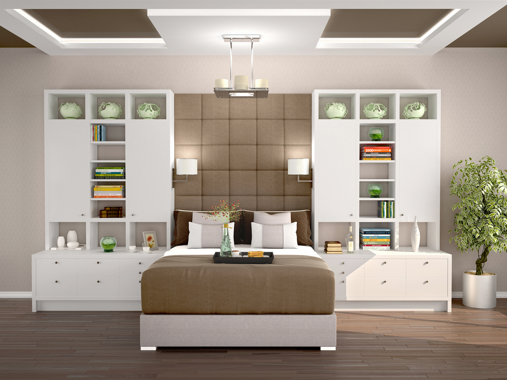 light and cozy modern bedroom with wardrobes on the sides. 3d il