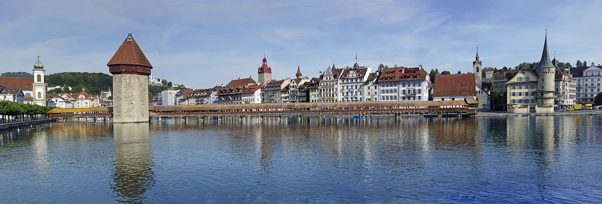 panorama of luzern on river reuss shoreline