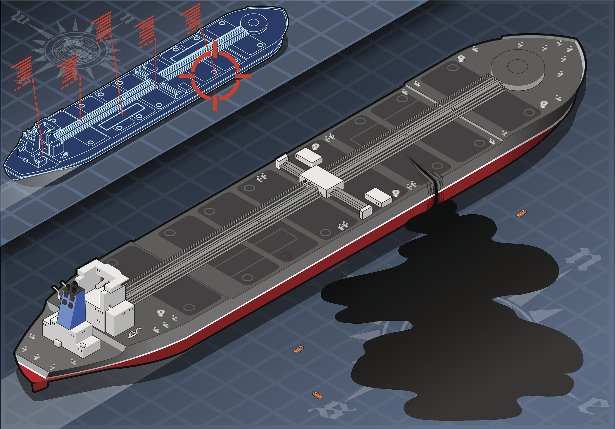 isometric ship tanker leaky oil in rear view
