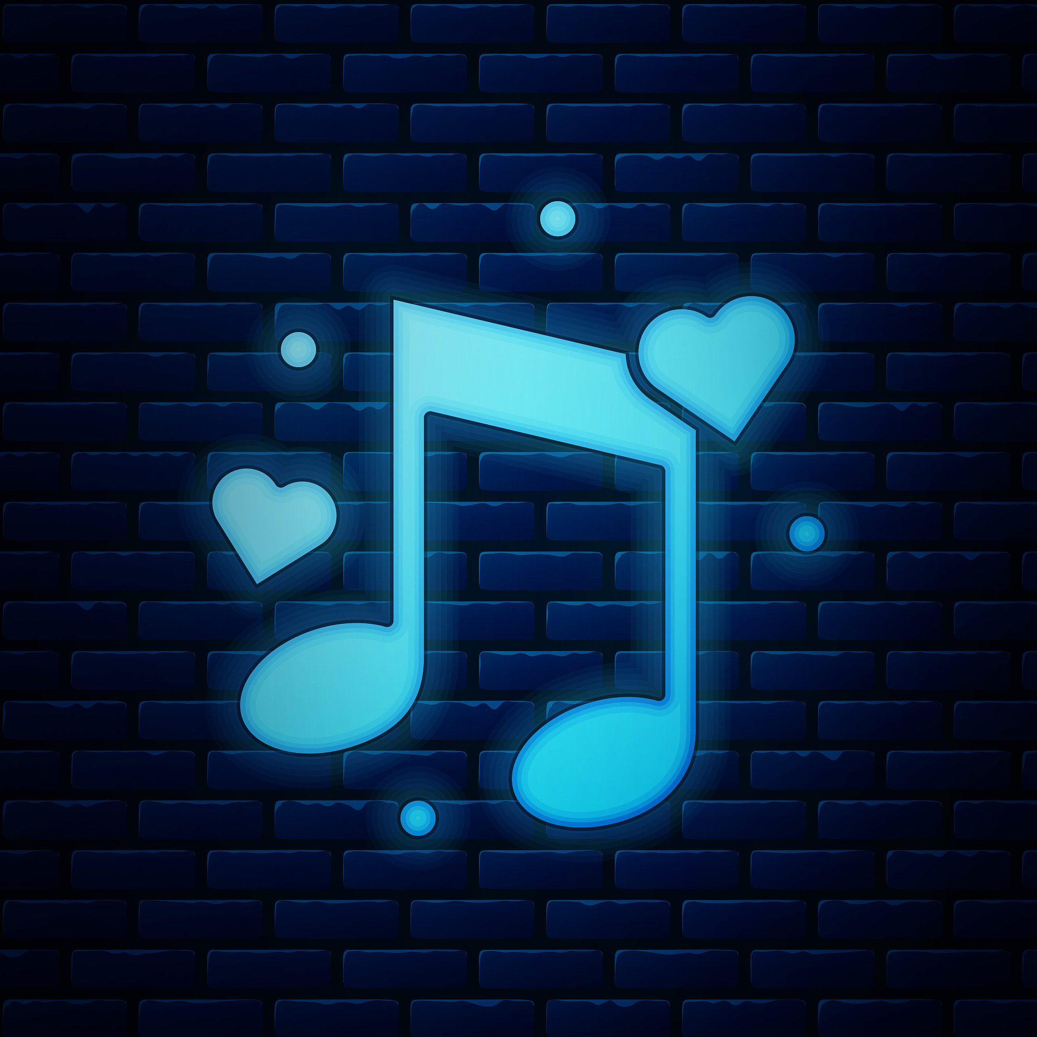 glowing neon music note, tone with hearts icon isolated on brick