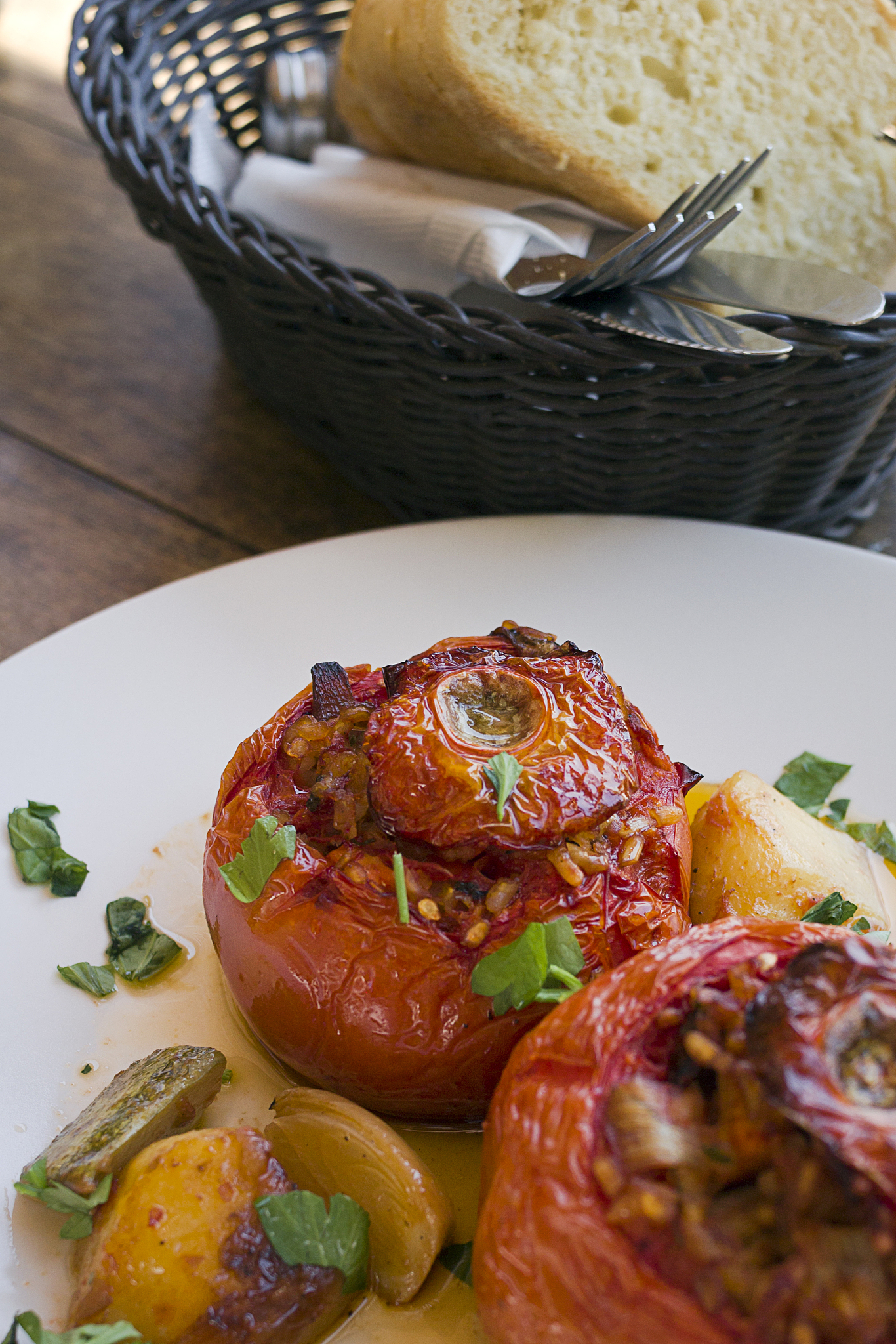 greek stuffed tomatoes,  gemista filled with rice, chopped veget