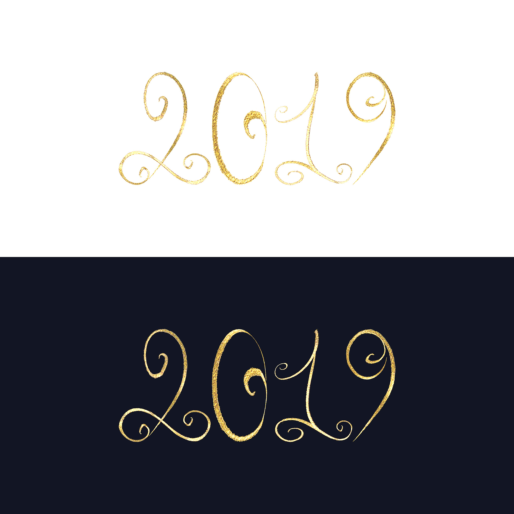 lettering of 2019. set of three hand drawn brush stroke golden c