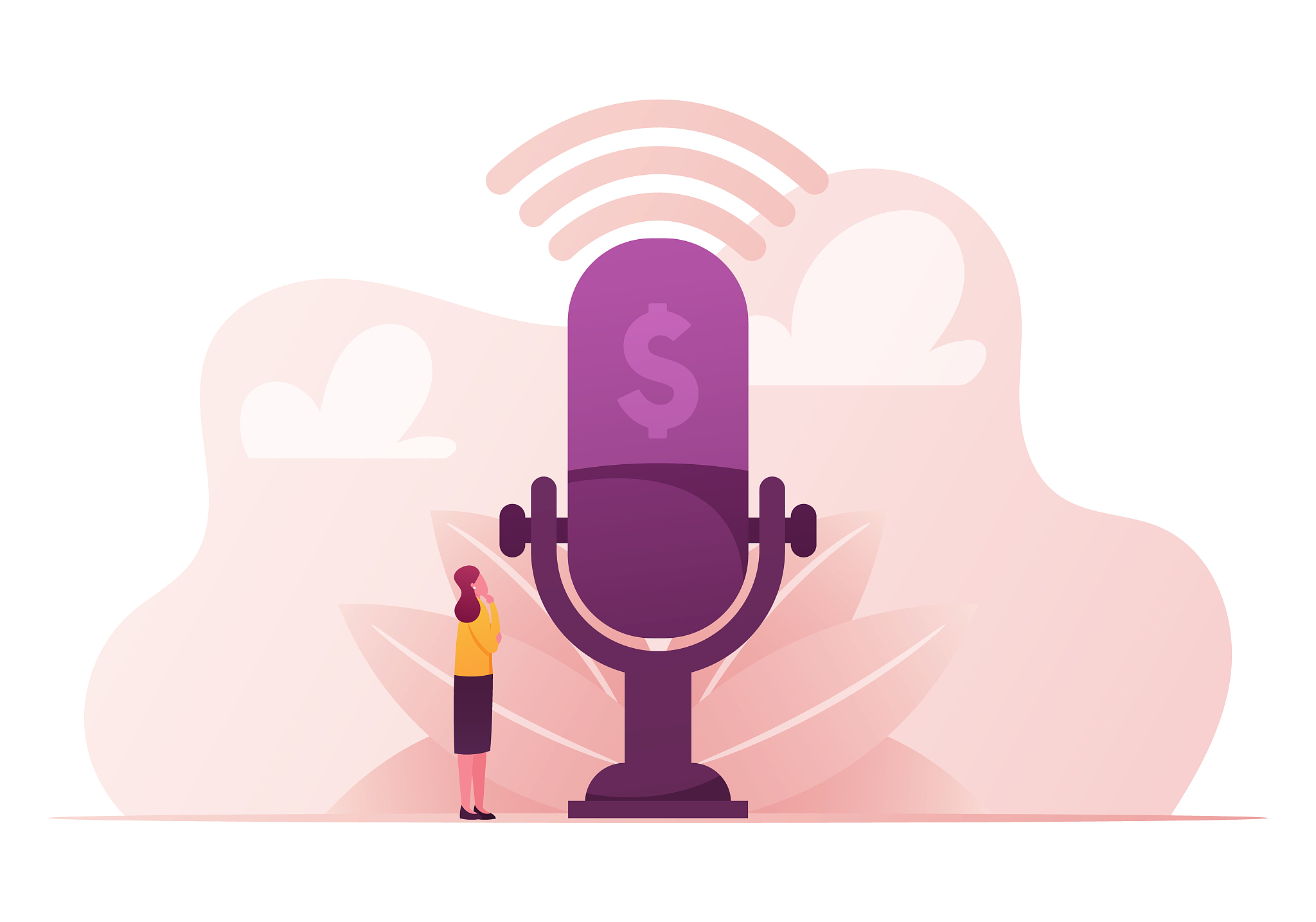 female character stand at huge microphone with dollar sign talki