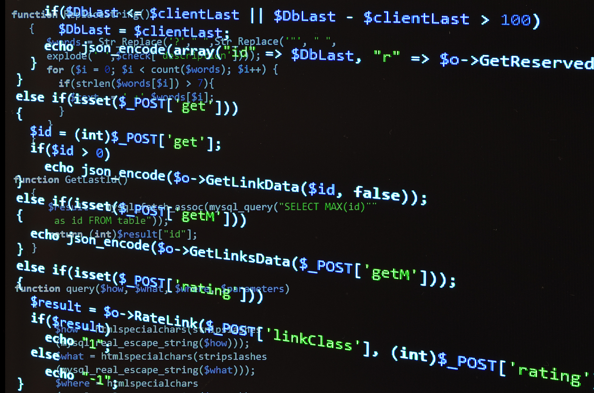 php code on black screen, blue text