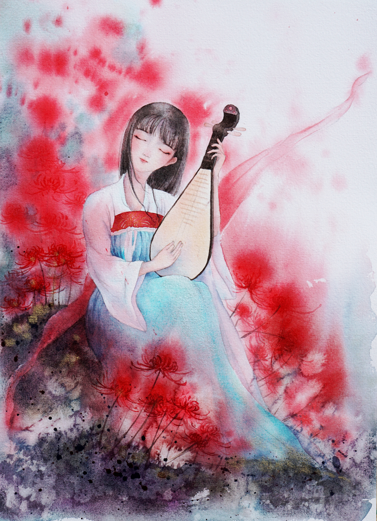 一个三头身小女孩坐在古风风格的窗边吹笛子衣服是粉白汉服背后有弯弯的月亮。