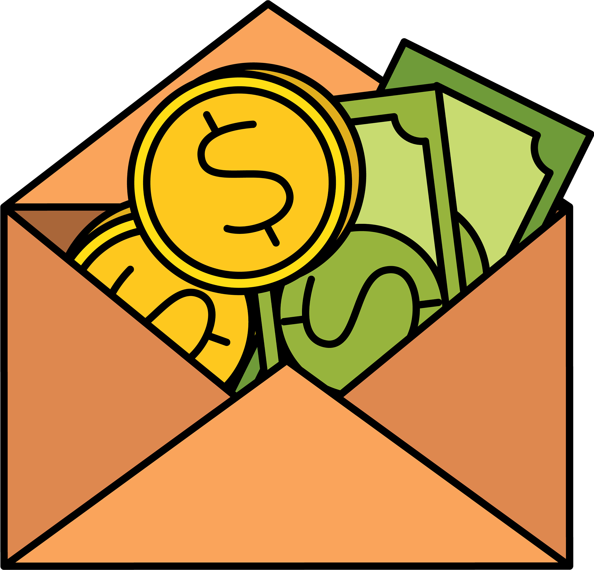 envelope with bill and coins dollars