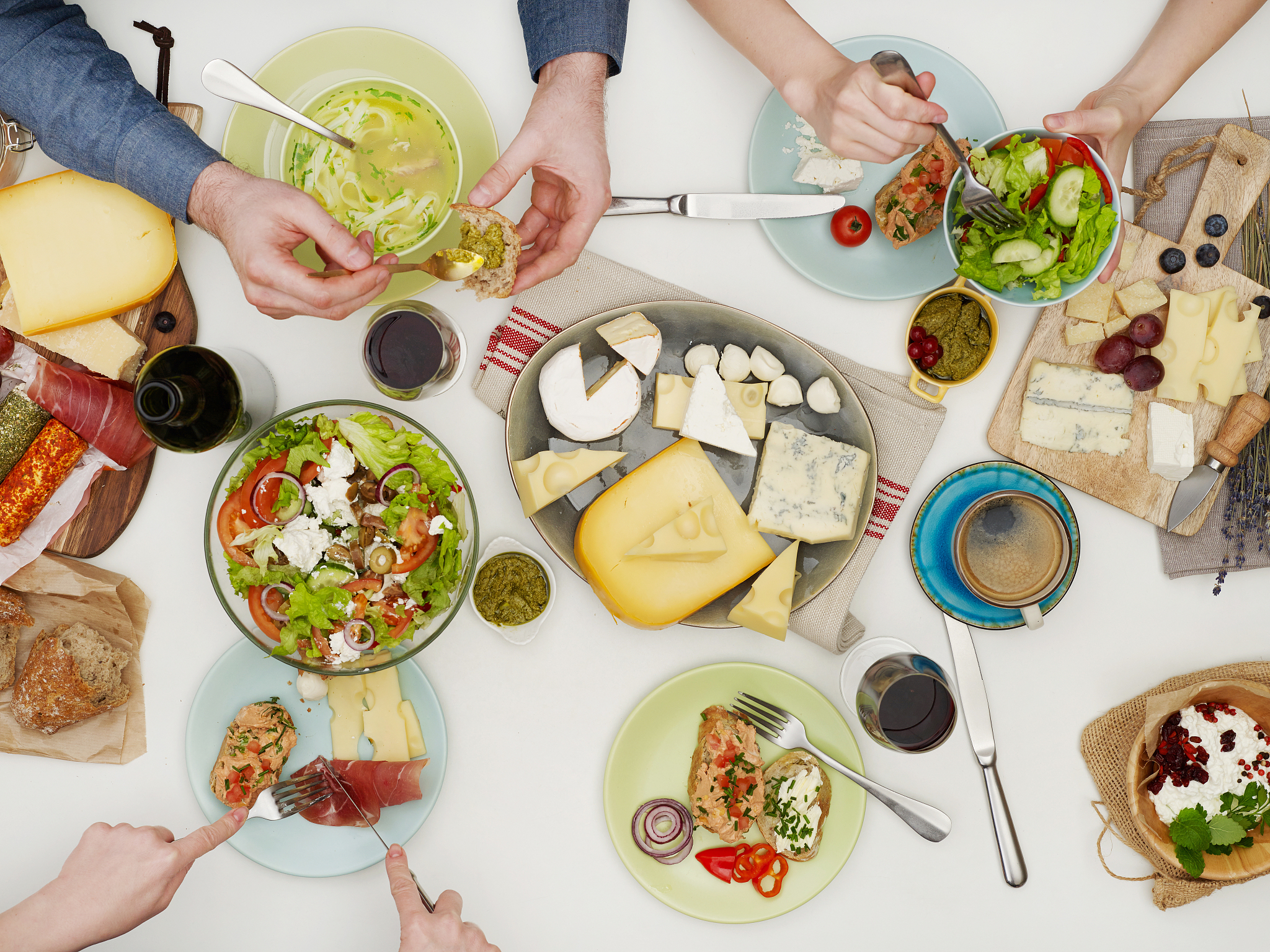 view from above of friends having dinner