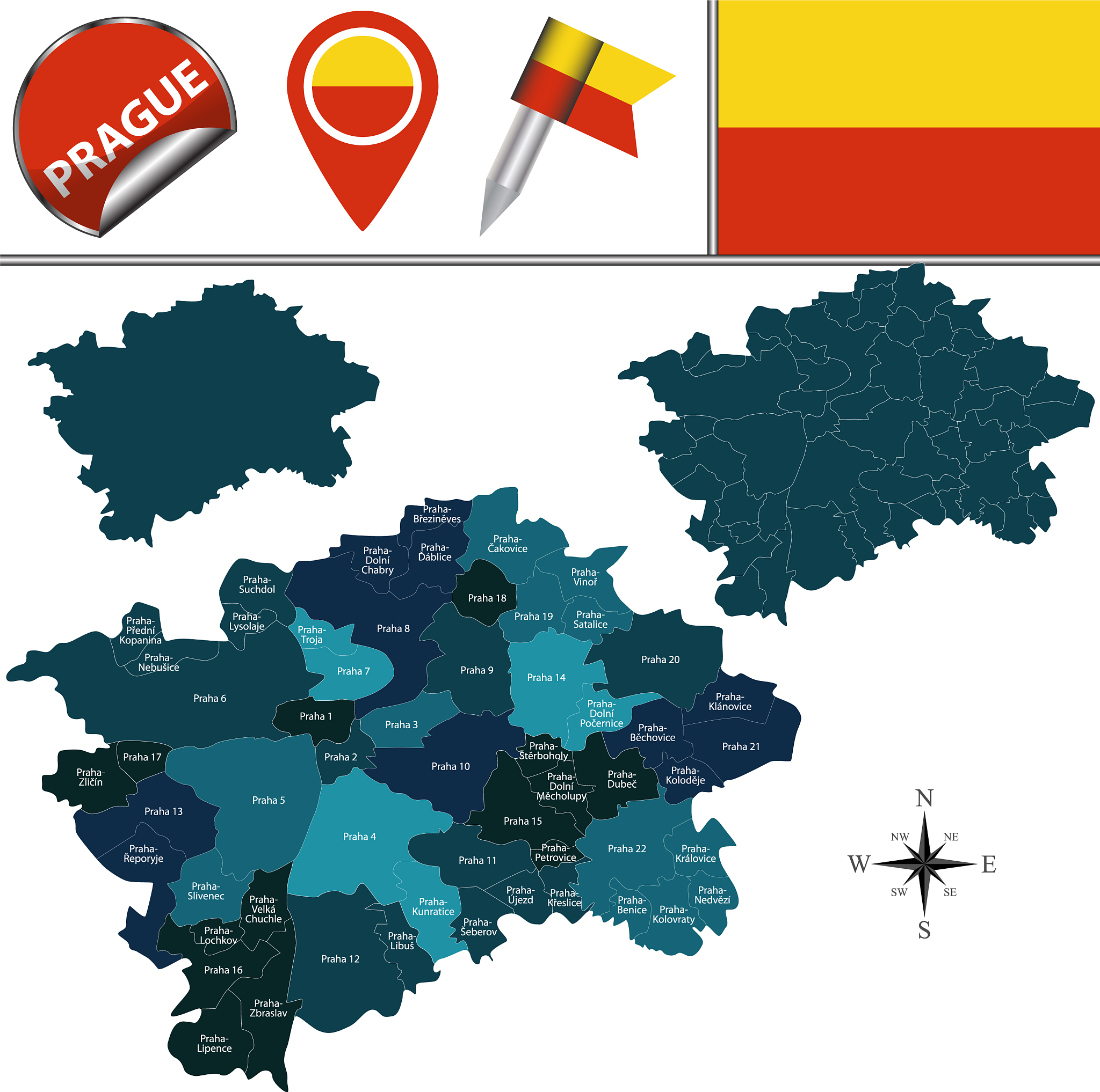 map of prague with named administrative districts