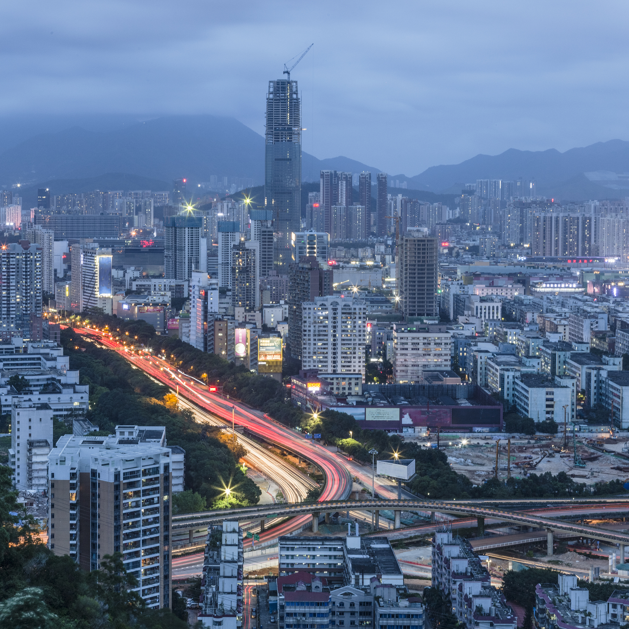 aerial view of urban traffic with cityscape in shenzhen,china