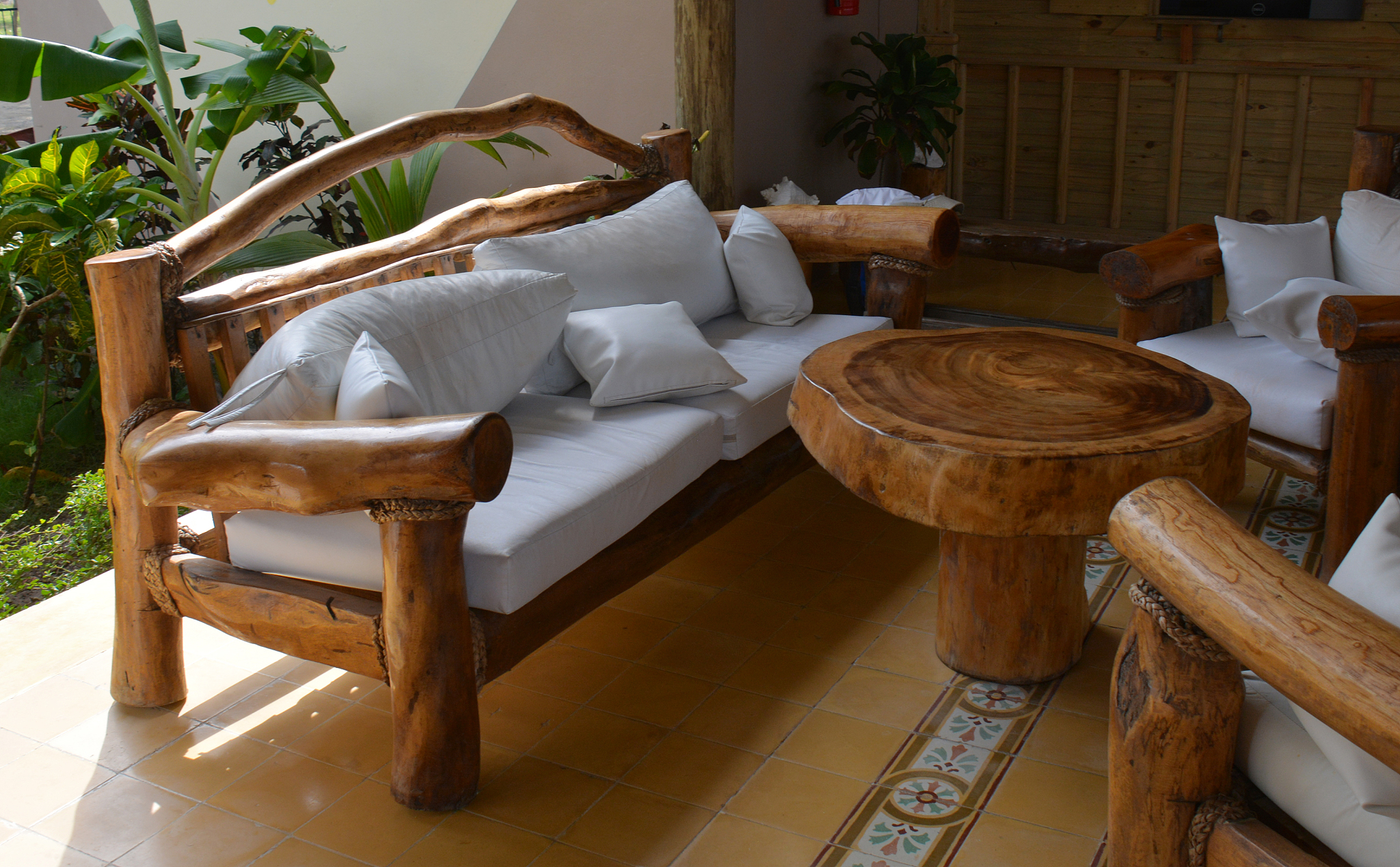 hotel lobby, with wooden rustic furniture